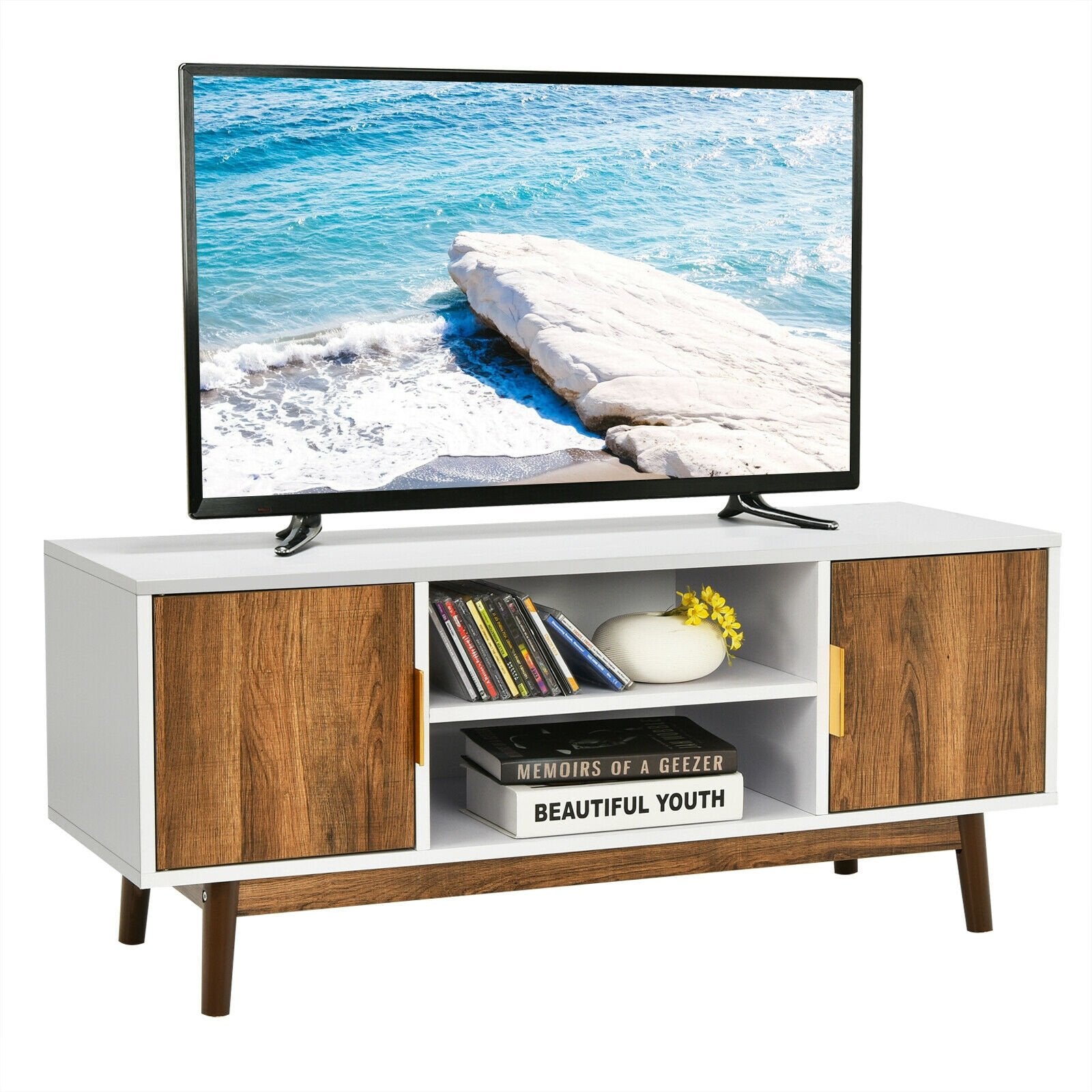 2 Door TV Stand with 2 Cabinets and Open Shelves for TVs up to 50 Inch TV, White Entertainment Centers & TV Stands   at Gallery Canada