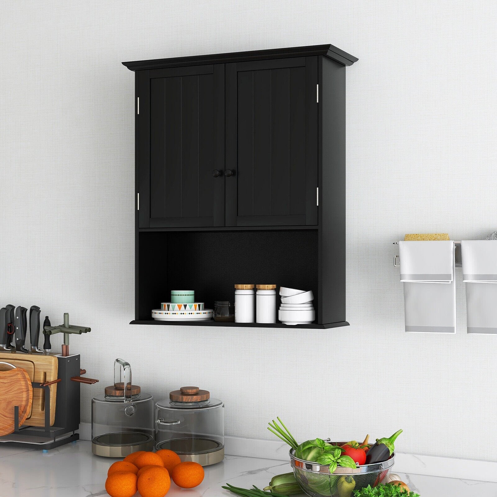 2-Door Wall Mount Bathroom Storage Cabinet with Open Shelf, Black Wall Cabinets   at Gallery Canada