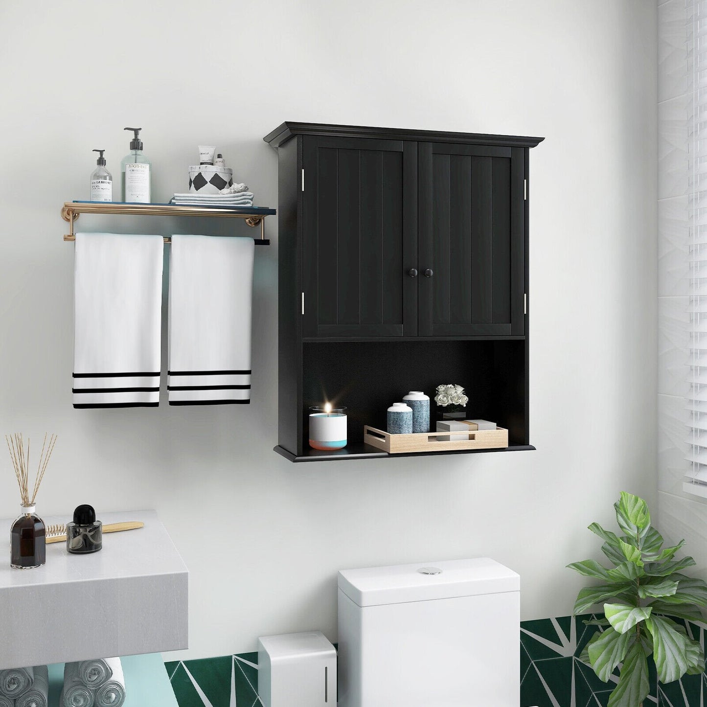 2-Door Wall Mount Bathroom Storage Cabinet with Open Shelf, Black Wall Cabinets   at Gallery Canada