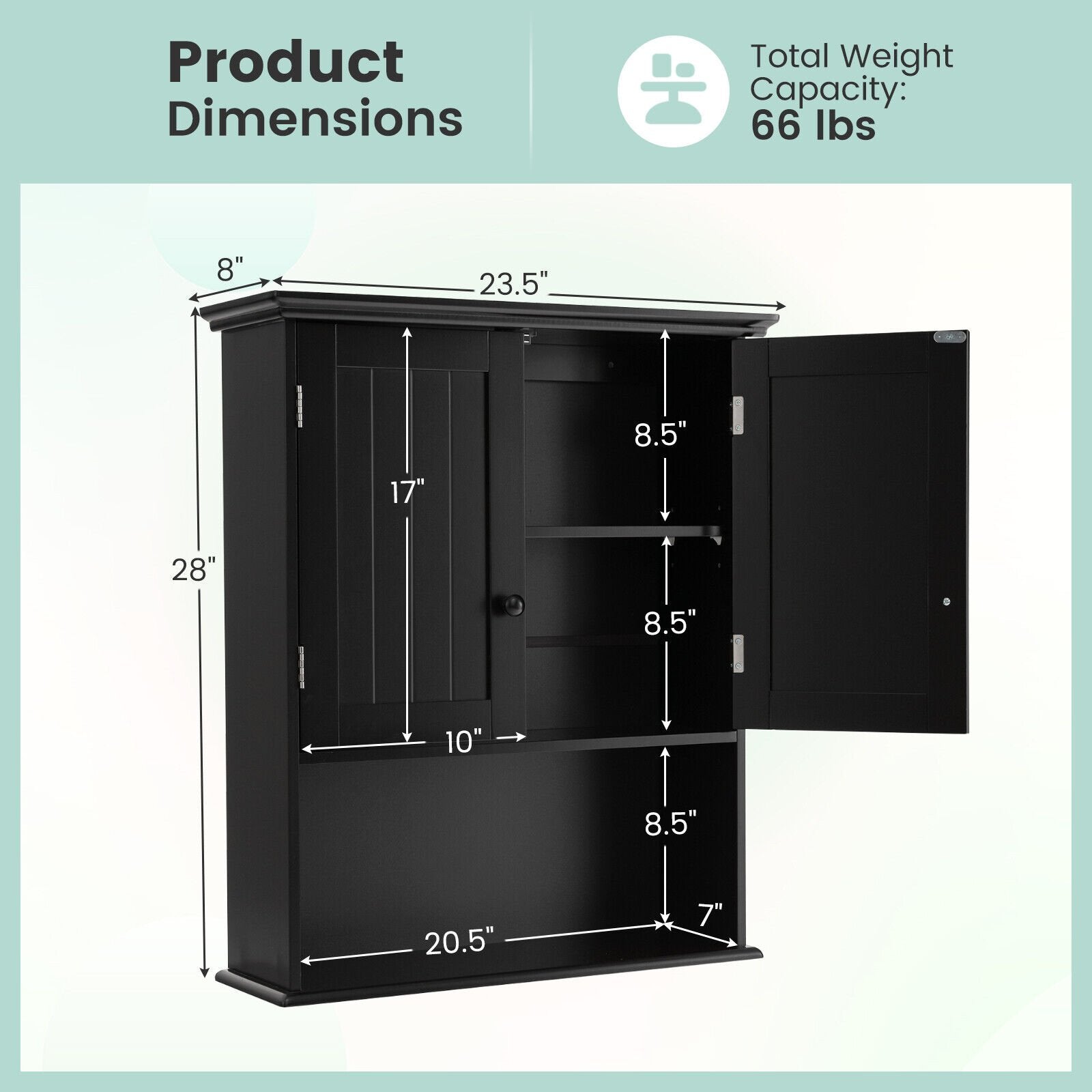 2-Door Wall Mount Bathroom Storage Cabinet with Open Shelf, Black Wall Cabinets   at Gallery Canada