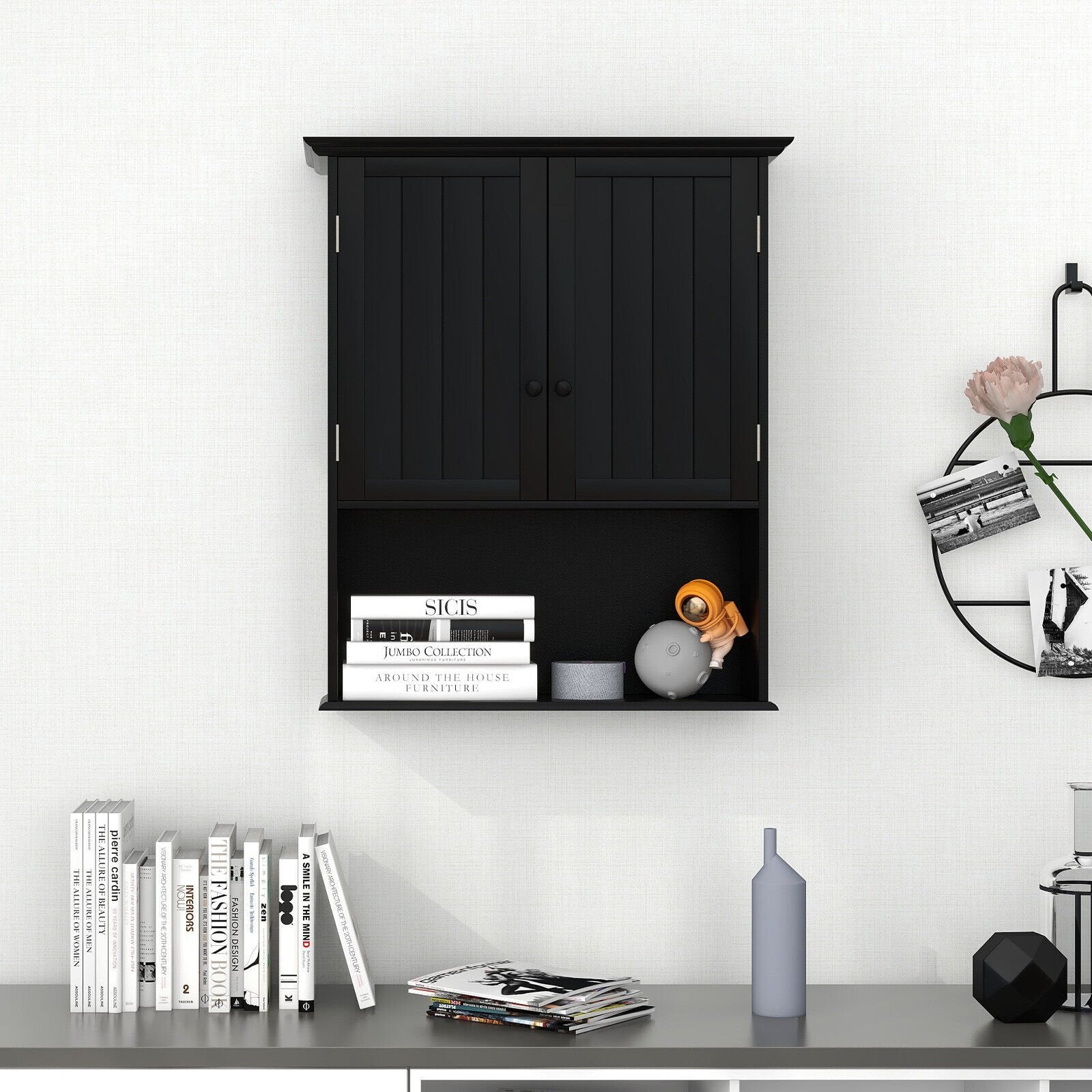 2-Door Wall Mount Bathroom Storage Cabinet with Open Shelf, Black Wall Cabinets   at Gallery Canada