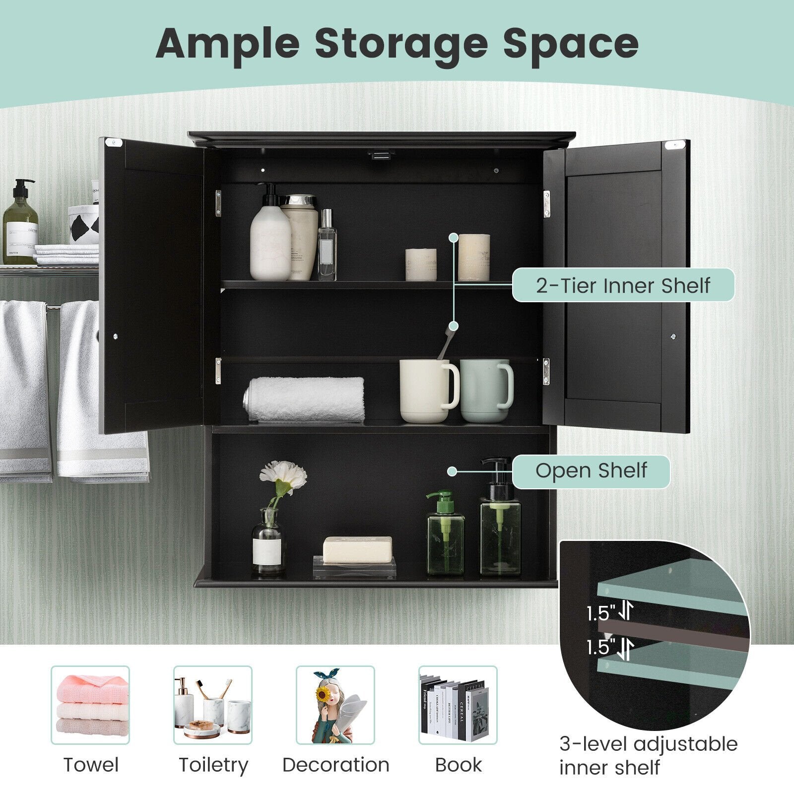 2-Door Wall Mount Bathroom Storage Cabinet with Open Shelf, Black Wall Cabinets   at Gallery Canada