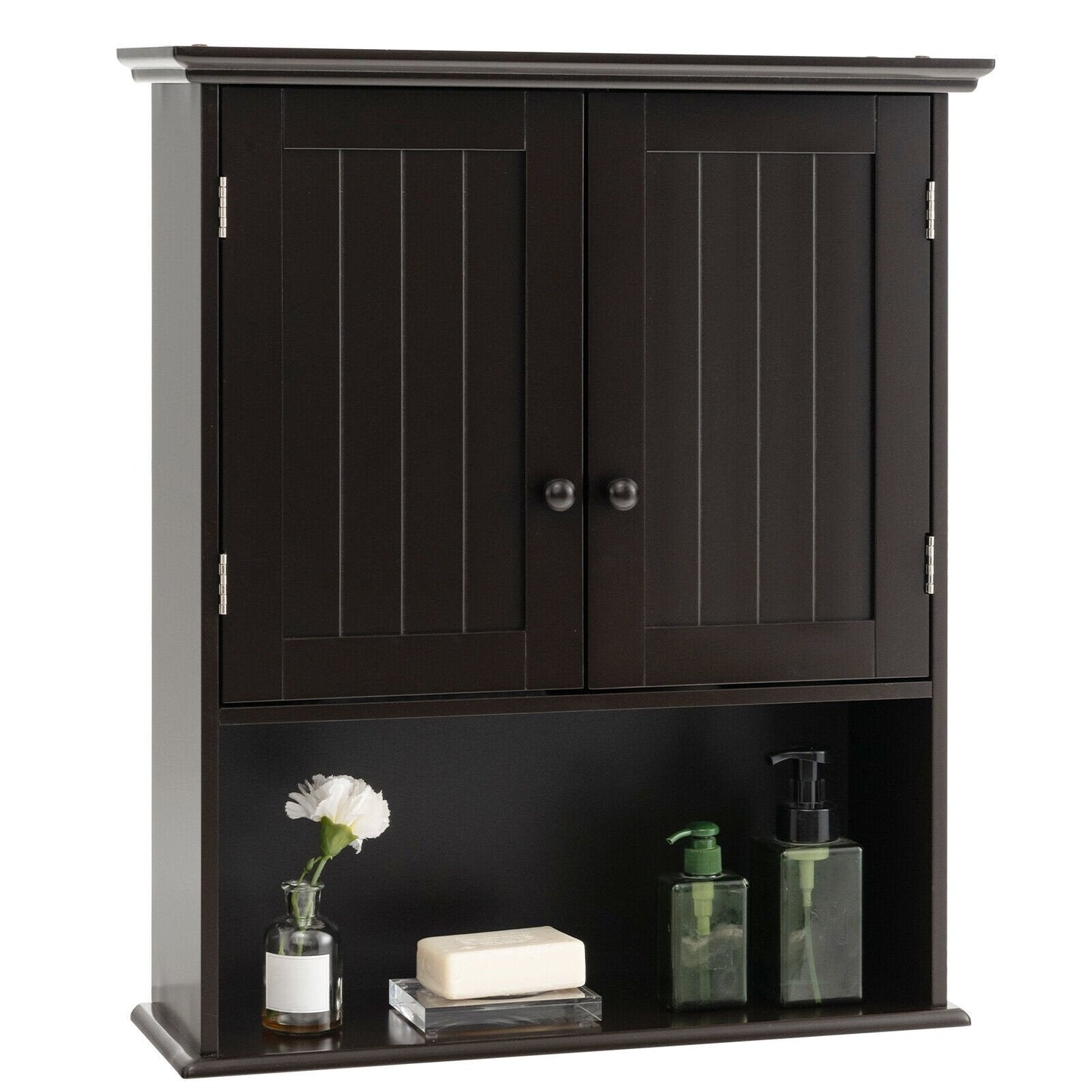 2-Door Wall Mount Bathroom Storage Cabinet with Open Shelf, Espresso Wall Cabinets   at Gallery Canada