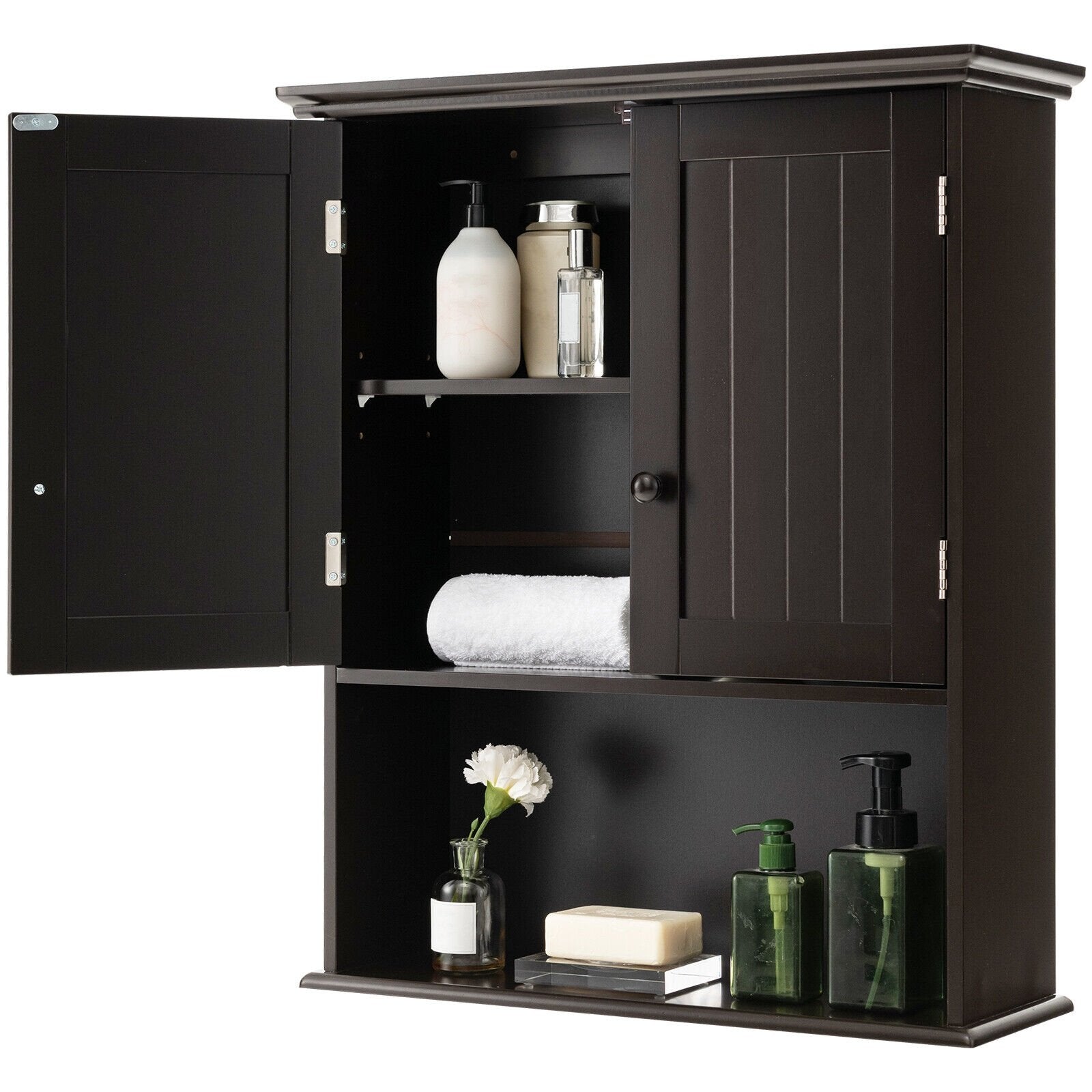 2-Door Wall Mount Bathroom Storage Cabinet with Open Shelf, Espresso Wall Cabinets   at Gallery Canada