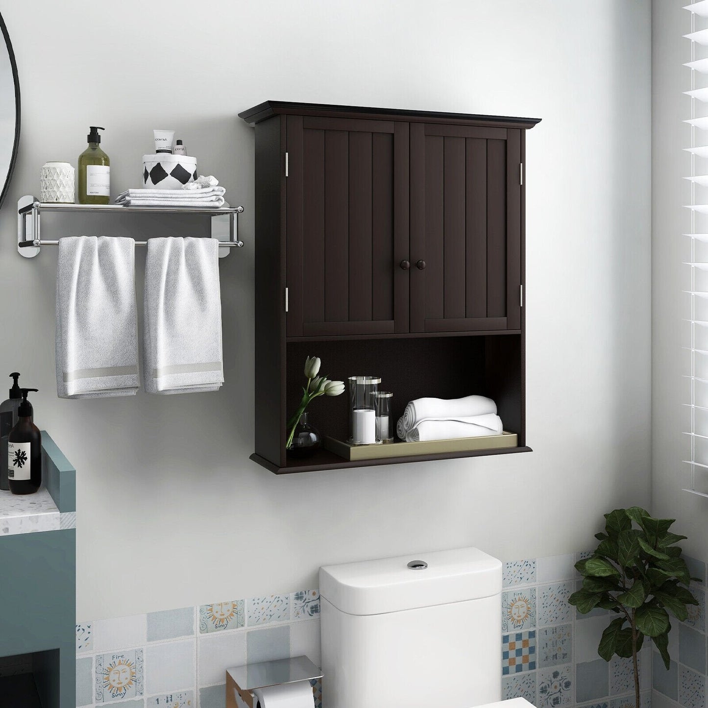 2-Door Wall Mount Bathroom Storage Cabinet with Open Shelf, Espresso Wall Cabinets   at Gallery Canada