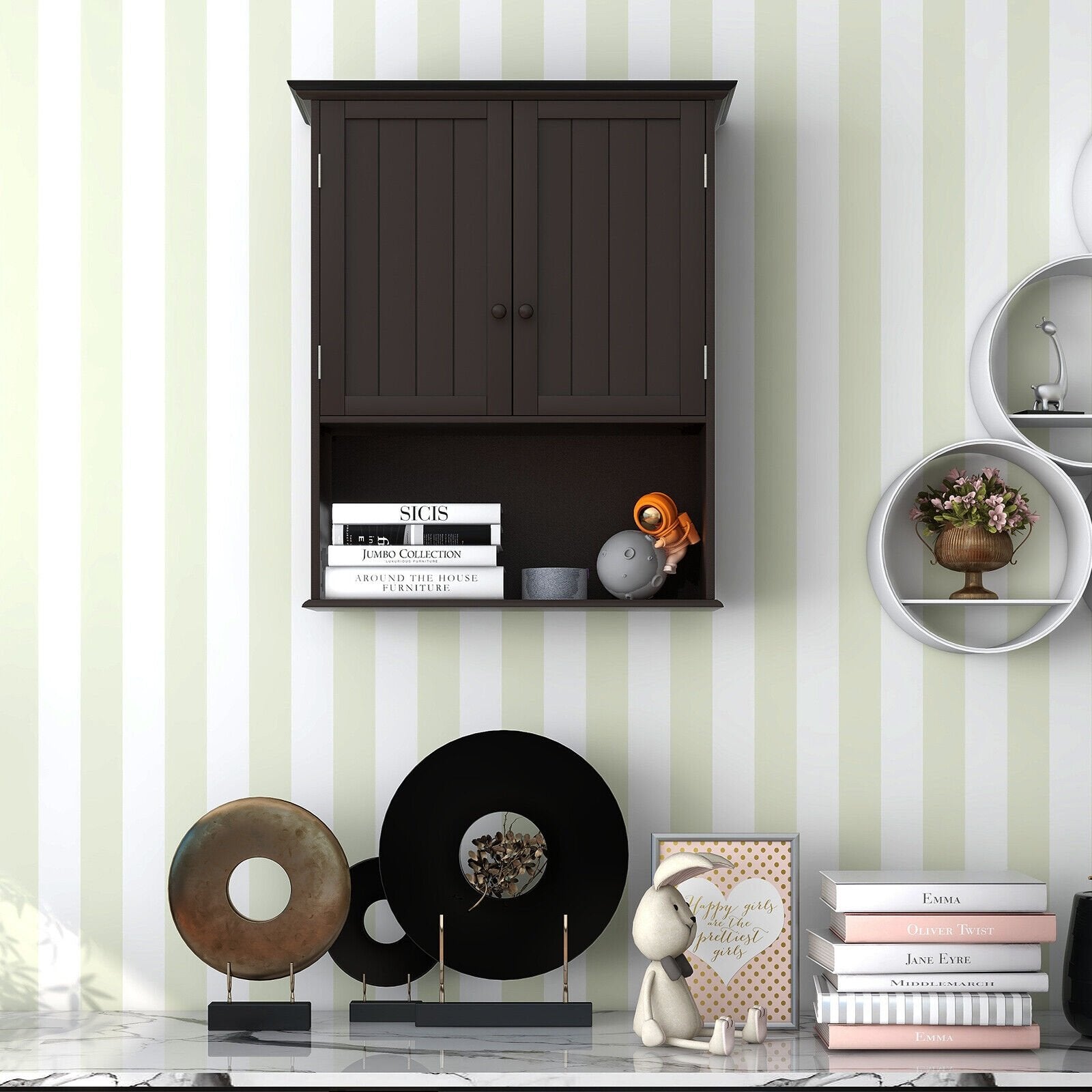 2-Door Wall Mount Bathroom Storage Cabinet with Open Shelf, Espresso Wall Cabinets   at Gallery Canada