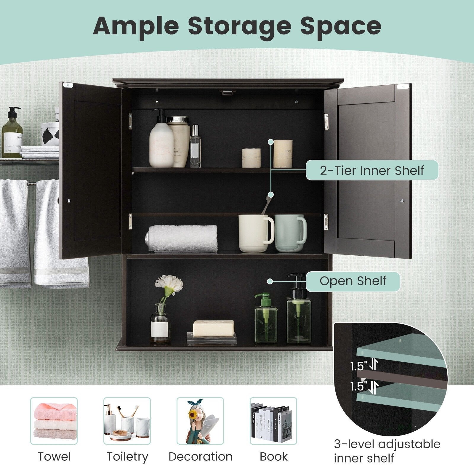 2-Door Wall Mount Bathroom Storage Cabinet with Open Shelf, Espresso Wall Cabinets   at Gallery Canada