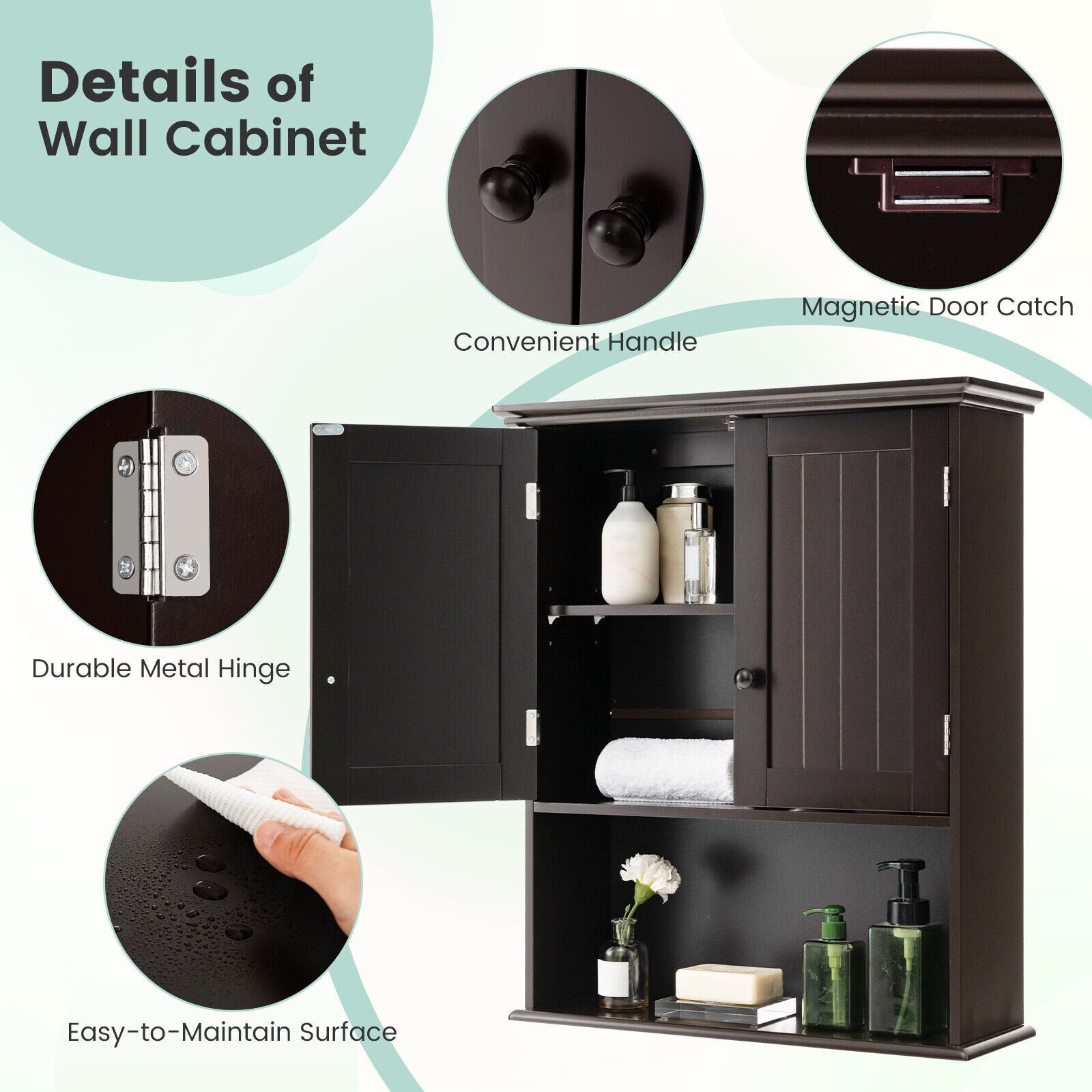 2-Door Wall Mount Bathroom Storage Cabinet with Open Shelf, Espresso Wall Cabinets   at Gallery Canada