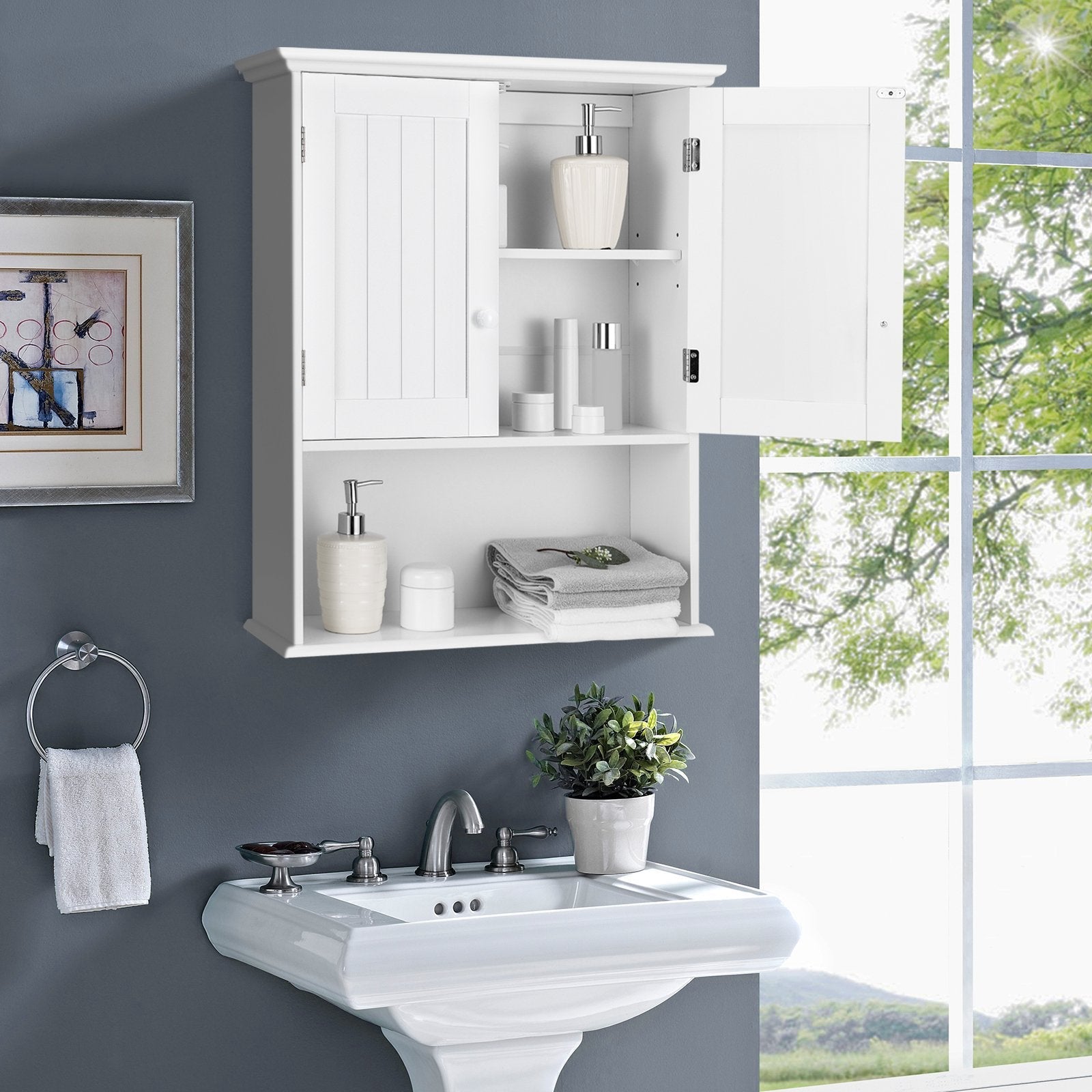 2-Door Wall Mount Bathroom Storage Cabinet with Open Shelf, White Wall Cabinets   at Gallery Canada