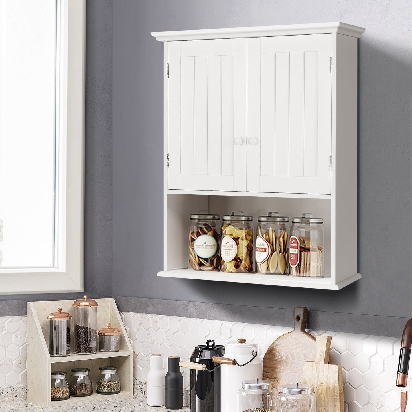 2-Door Wall Mount Bathroom Storage Cabinet with Open Shelf, White Wall Cabinets   at Gallery Canada