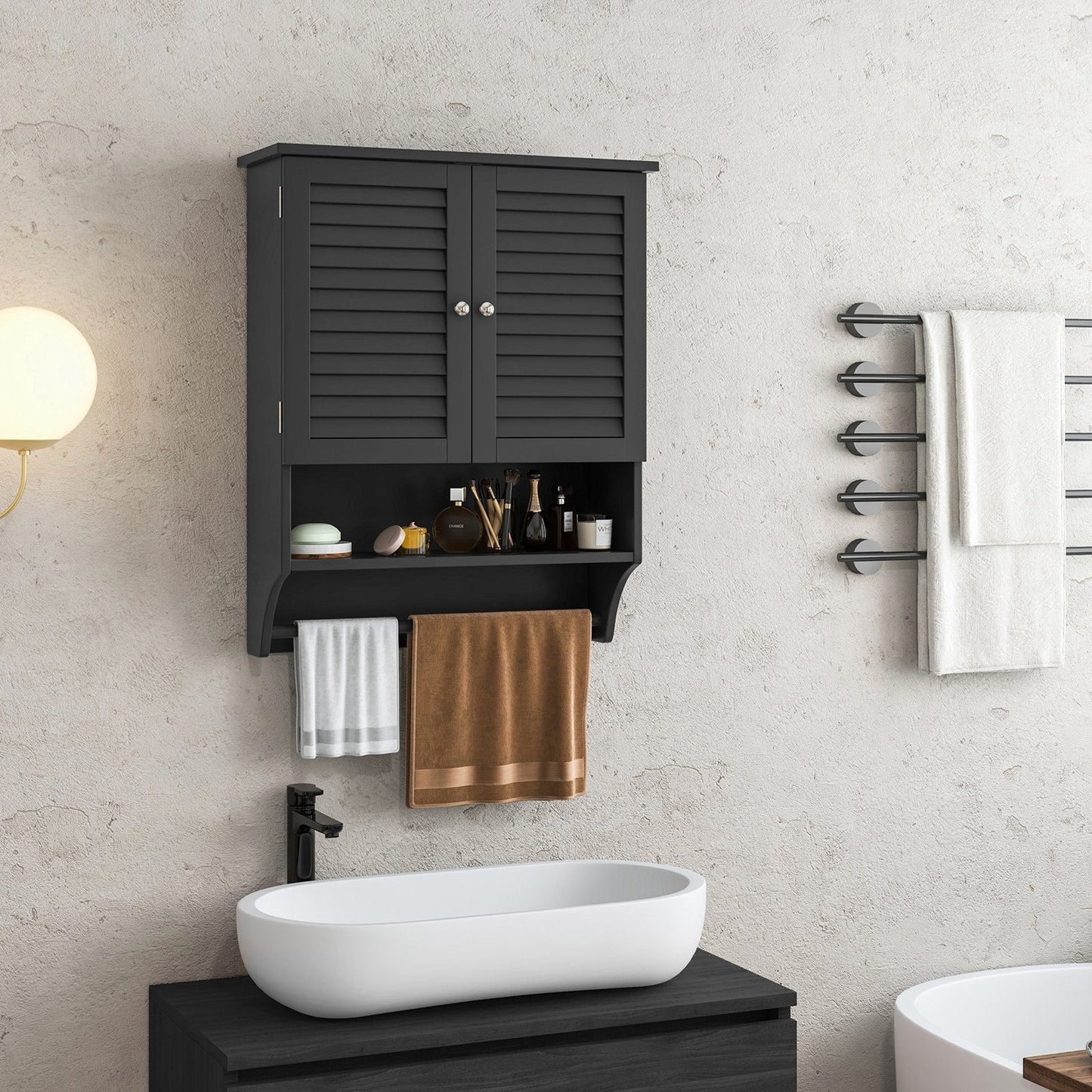 2-Doors Bathroom Wall-Mounted Medicine Cabinet with Towel Bar, Black Wall Cabinets   at Gallery Canada