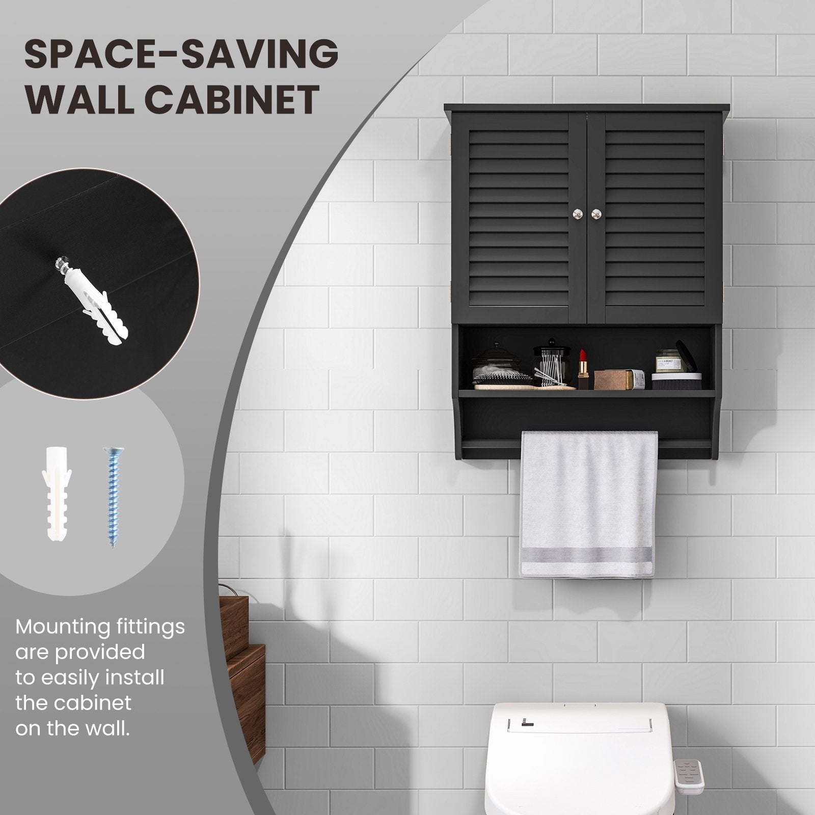 2-Doors Bathroom Wall-Mounted Medicine Cabinet with Towel Bar, Black Wall Cabinets   at Gallery Canada