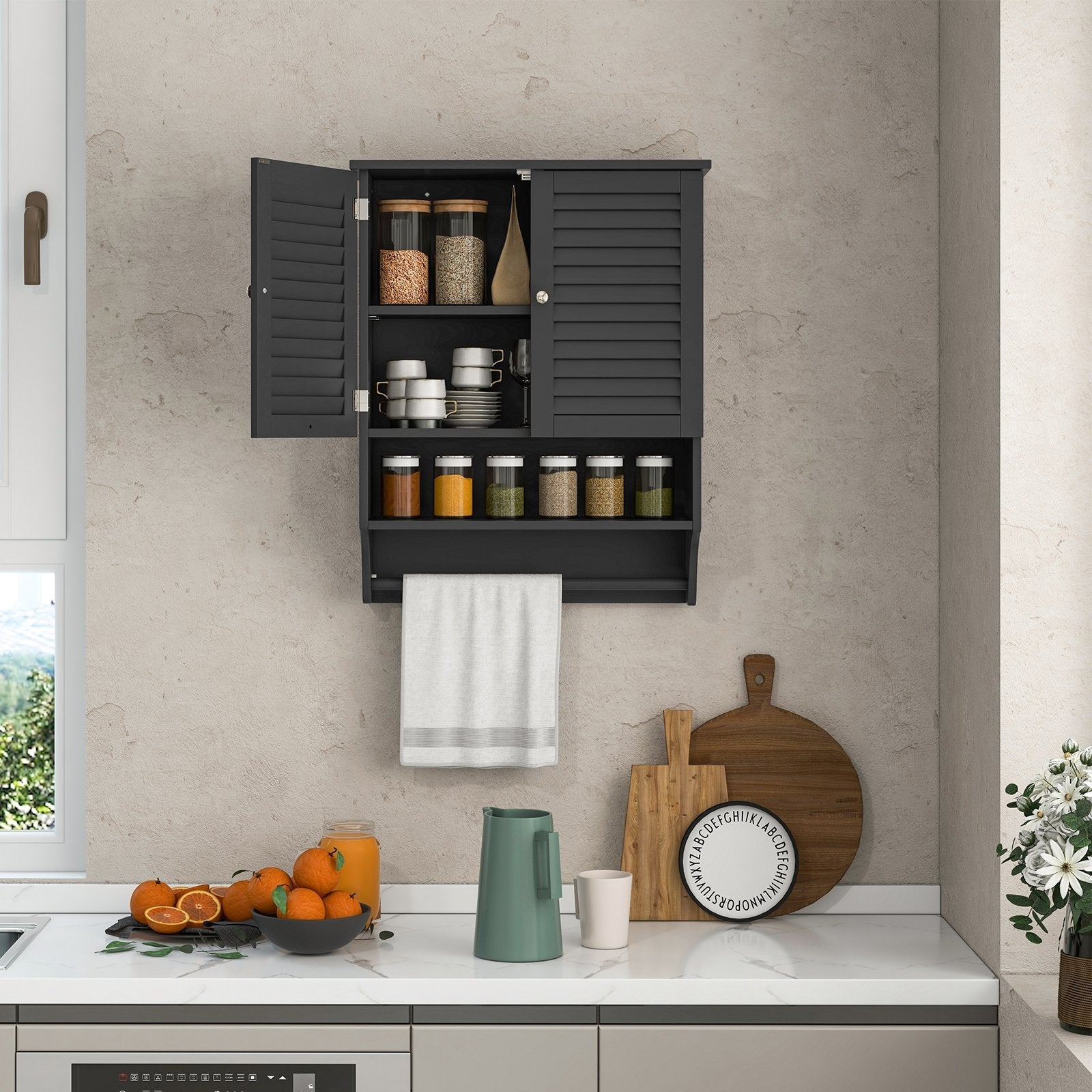 2-Doors Bathroom Wall-Mounted Medicine Cabinet with Towel Bar, Black Wall Cabinets   at Gallery Canada