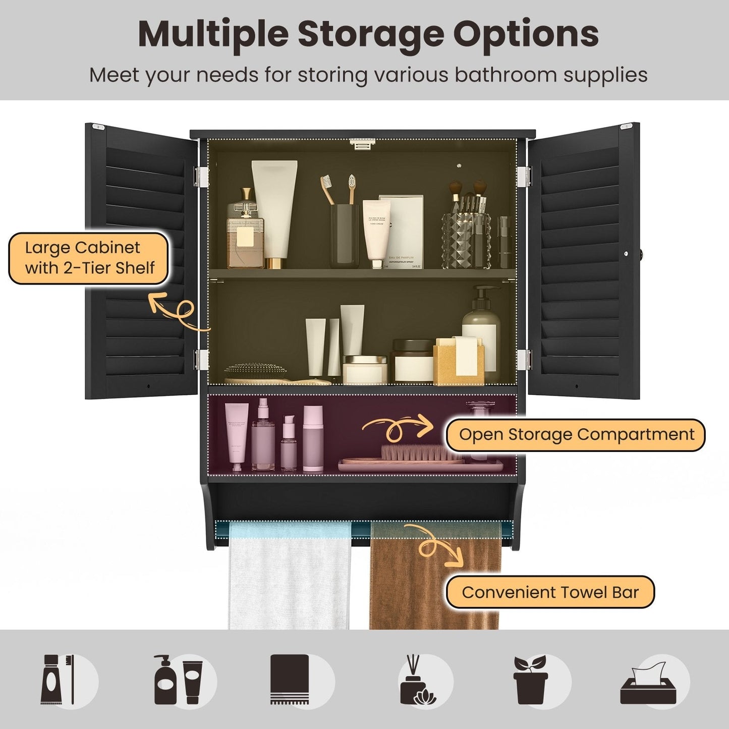 2-Doors Bathroom Wall-Mounted Medicine Cabinet with Towel Bar, Black Wall Cabinets   at Gallery Canada