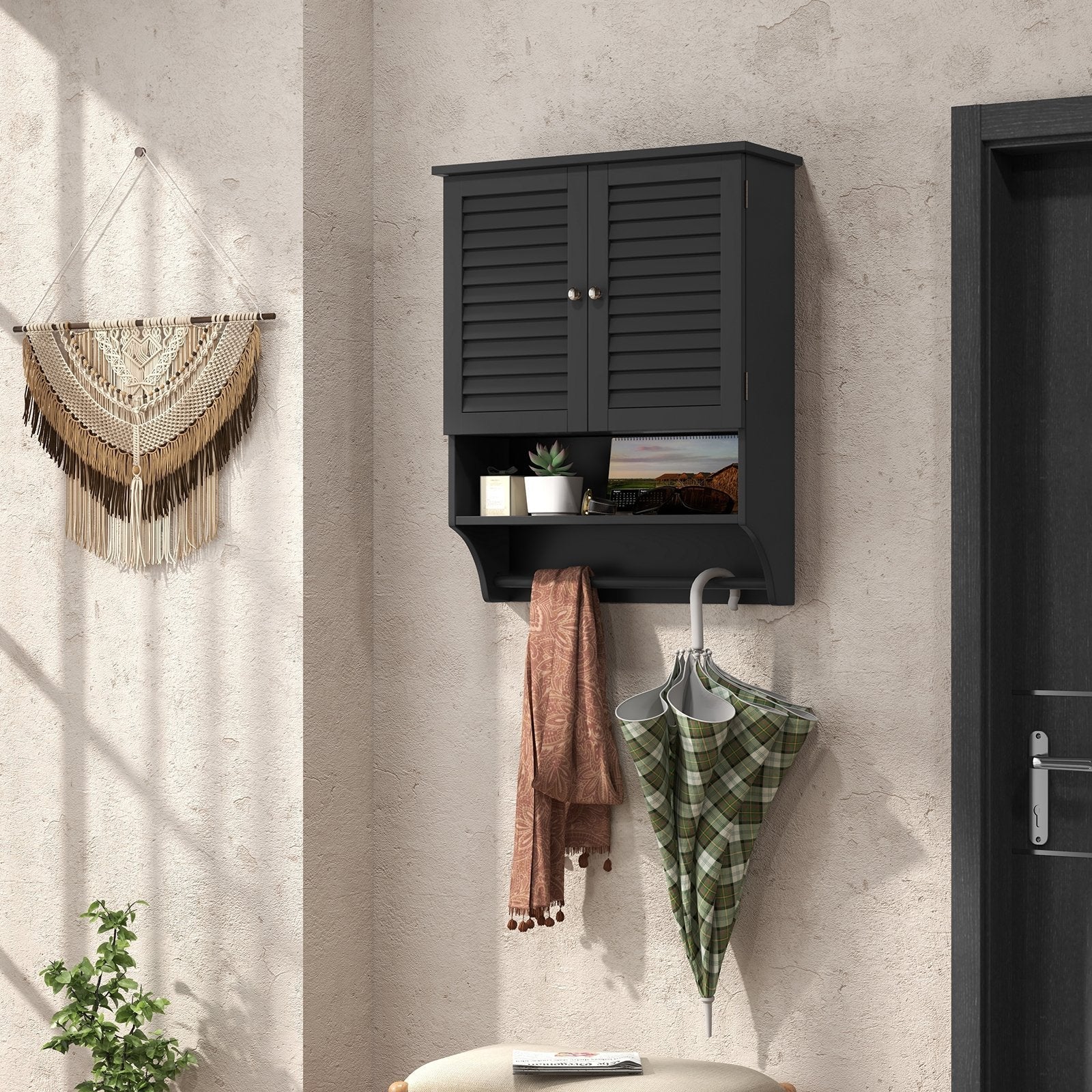 2-Doors Bathroom Wall-Mounted Medicine Cabinet with Towel Bar, Black Wall Cabinets   at Gallery Canada