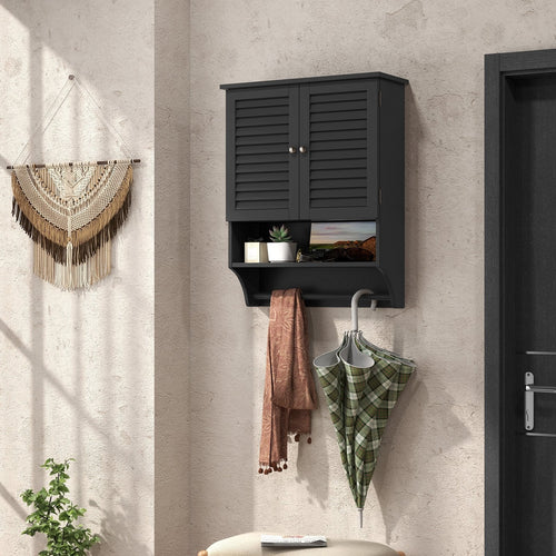 2-Doors Bathroom Wall-Mounted Medicine Cabinet with Towel Bar, Black