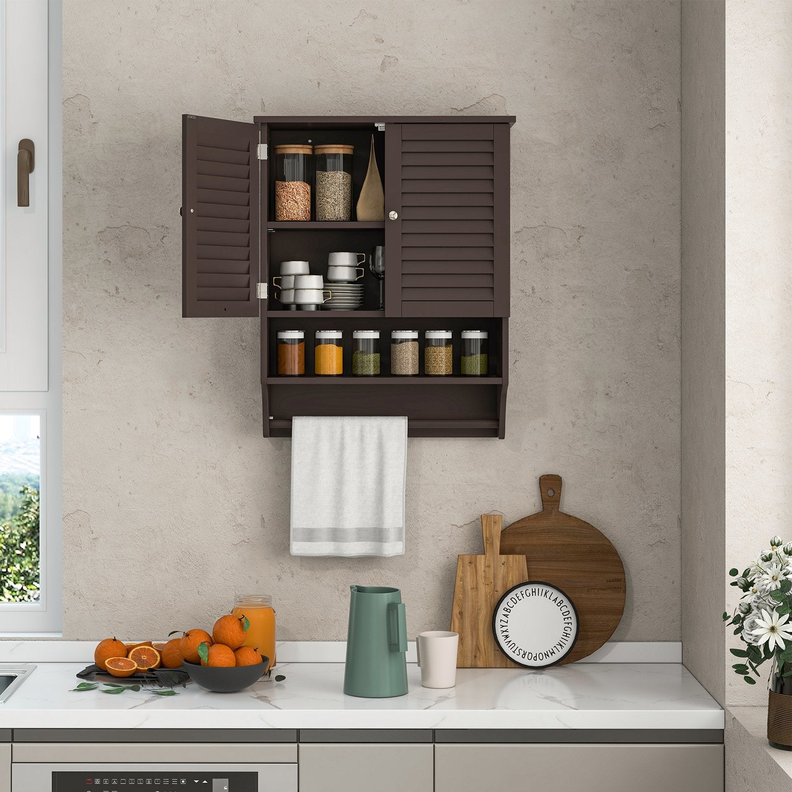 2-Doors Bathroom Wall-Mounted Medicine Cabinet with Towel Bar, Brown Wall Cabinets   at Gallery Canada