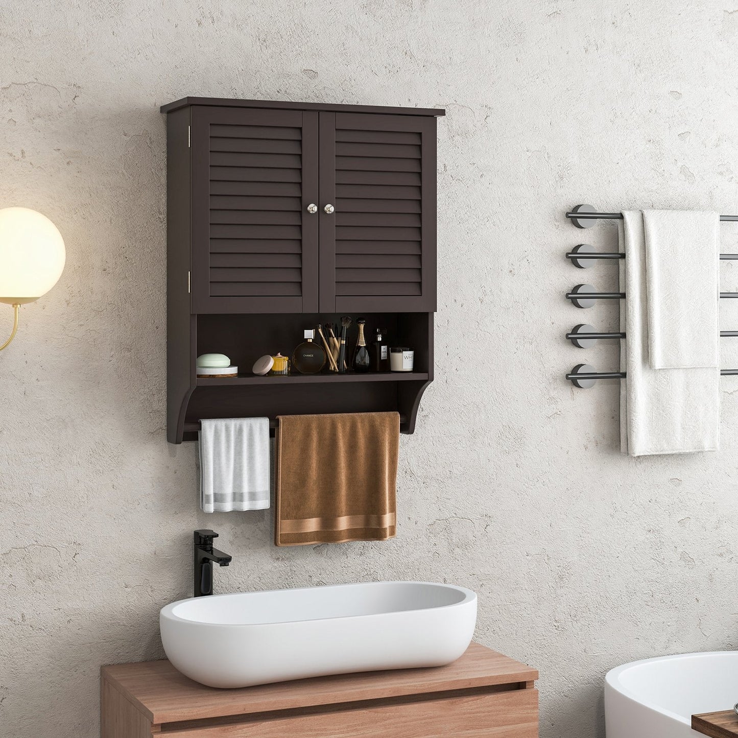 2-Doors Bathroom Wall-Mounted Medicine Cabinet with Towel Bar, Brown Wall Cabinets   at Gallery Canada