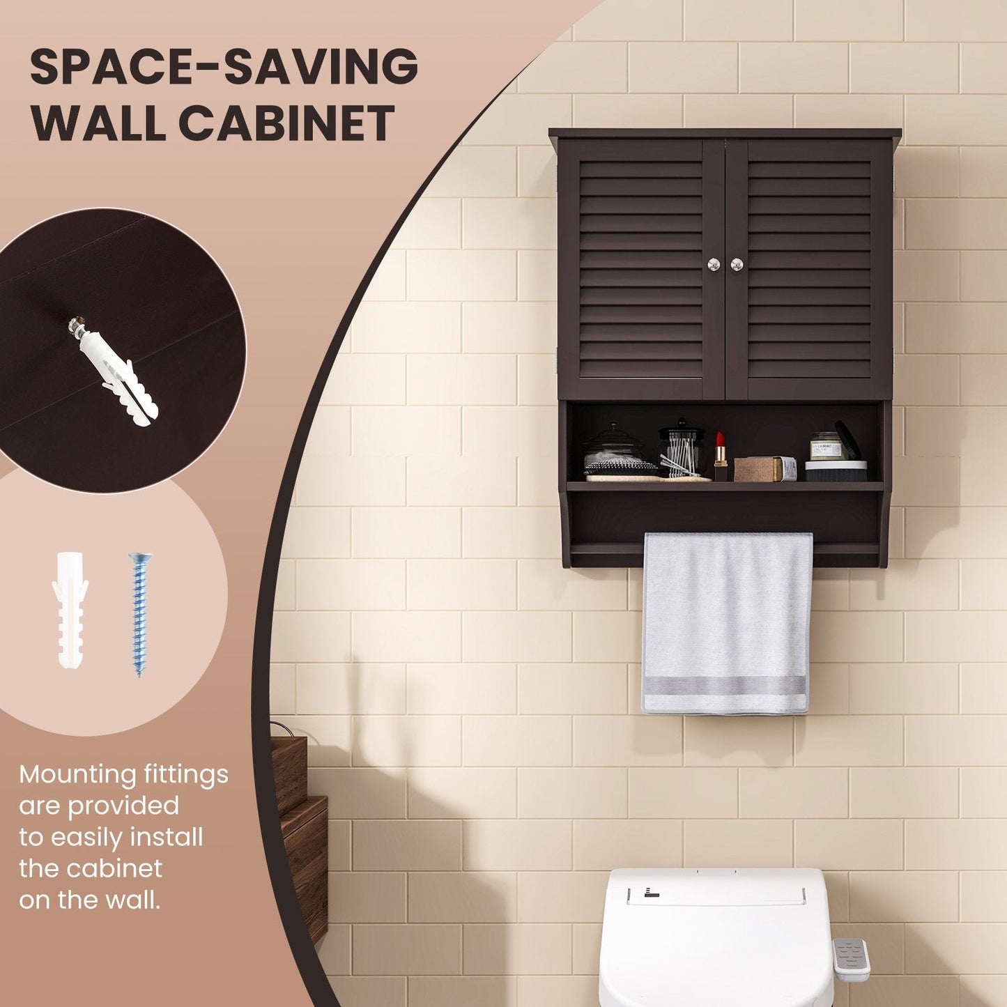 2-Doors Bathroom Wall-Mounted Medicine Cabinet with Towel Bar, Brown Wall Cabinets   at Gallery Canada