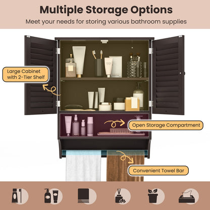 2-Doors Bathroom Wall-Mounted Medicine Cabinet with Towel Bar, Brown Wall Cabinets   at Gallery Canada