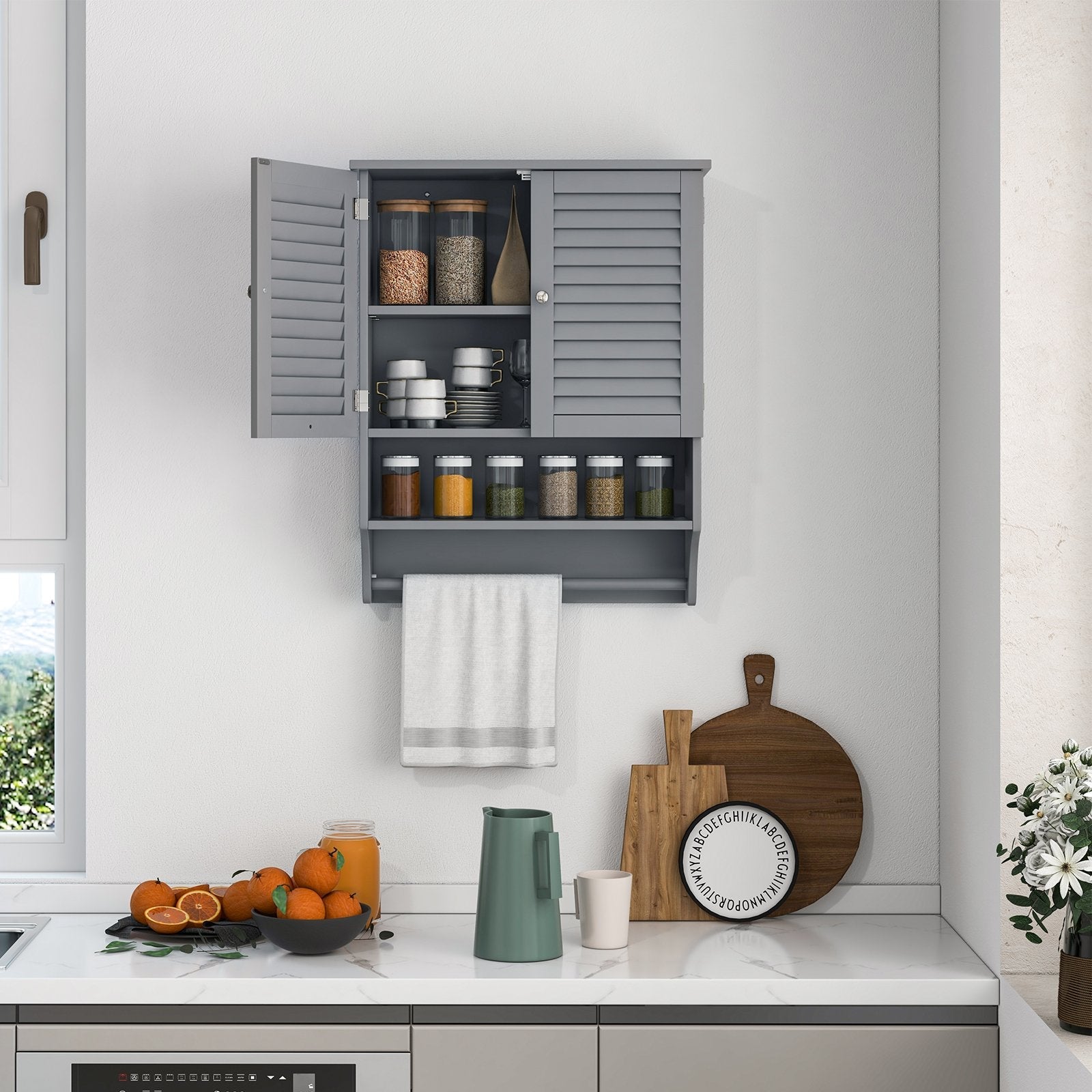 2-Doors Bathroom Wall-Mounted Medicine Cabinet with Towel Bar, Gray Wall Cabinets   at Gallery Canada