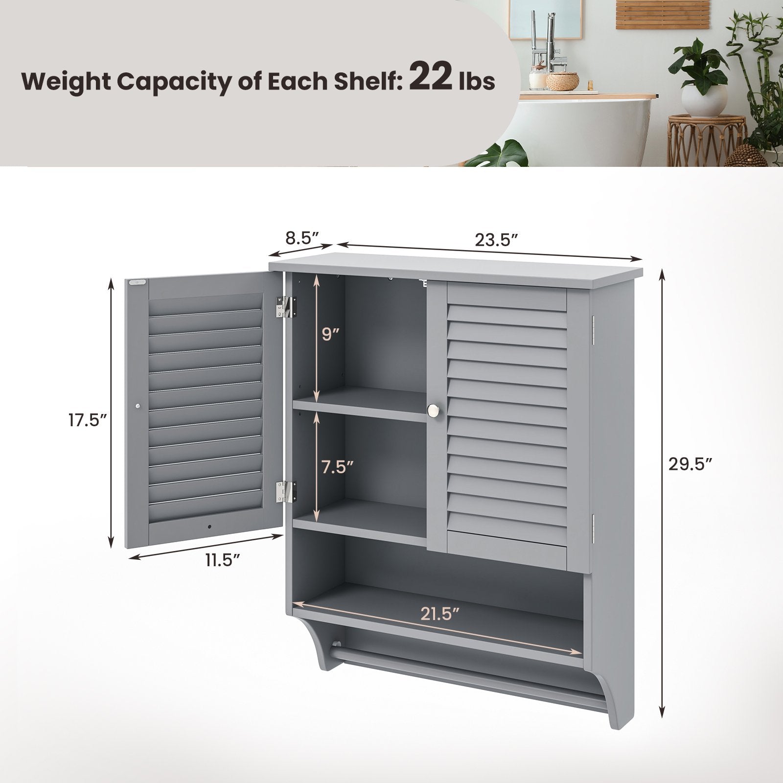 2-Doors Bathroom Wall-Mounted Medicine Cabinet with Towel Bar, Gray Wall Cabinets   at Gallery Canada