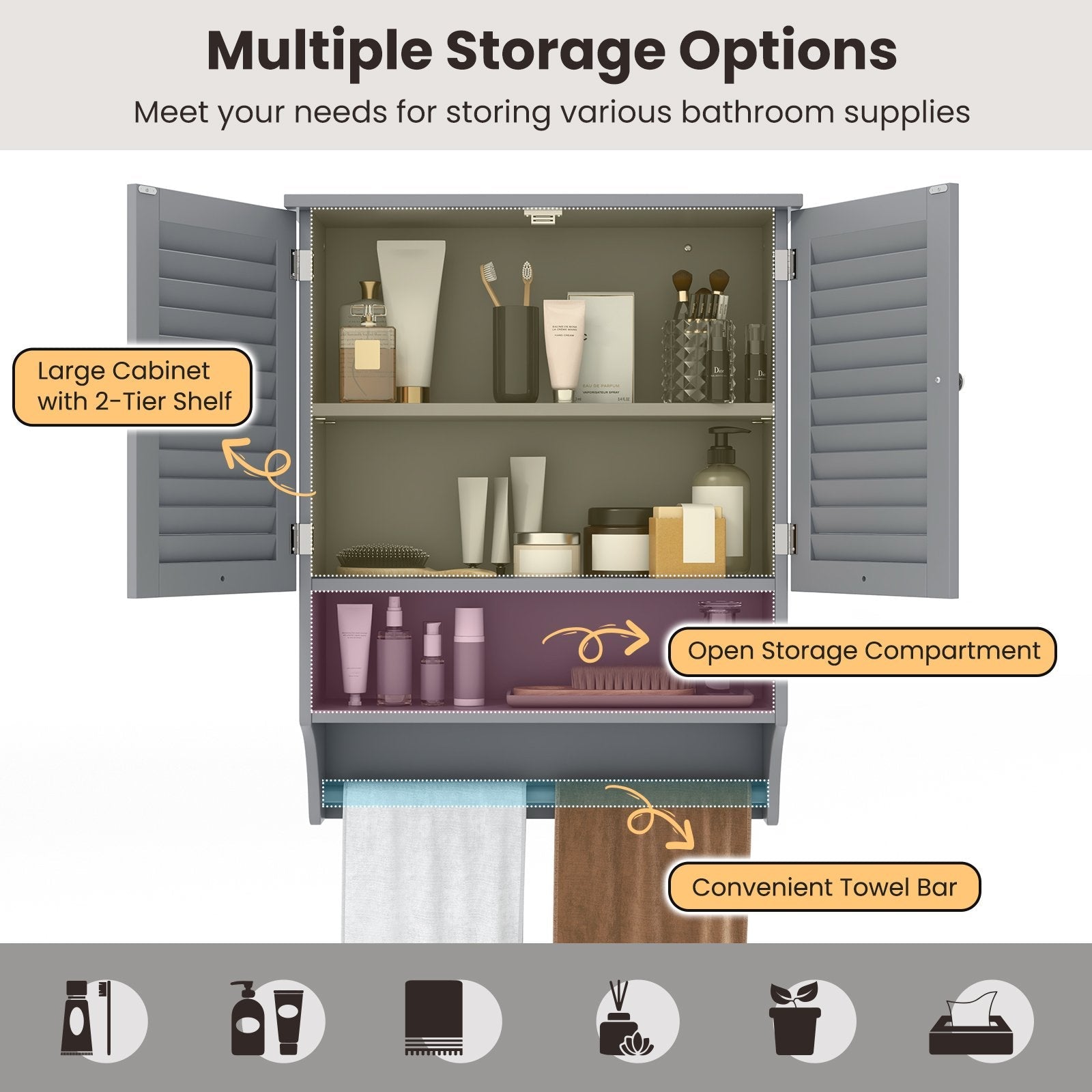 2-Doors Bathroom Wall-Mounted Medicine Cabinet with Towel Bar, Gray Wall Cabinets   at Gallery Canada