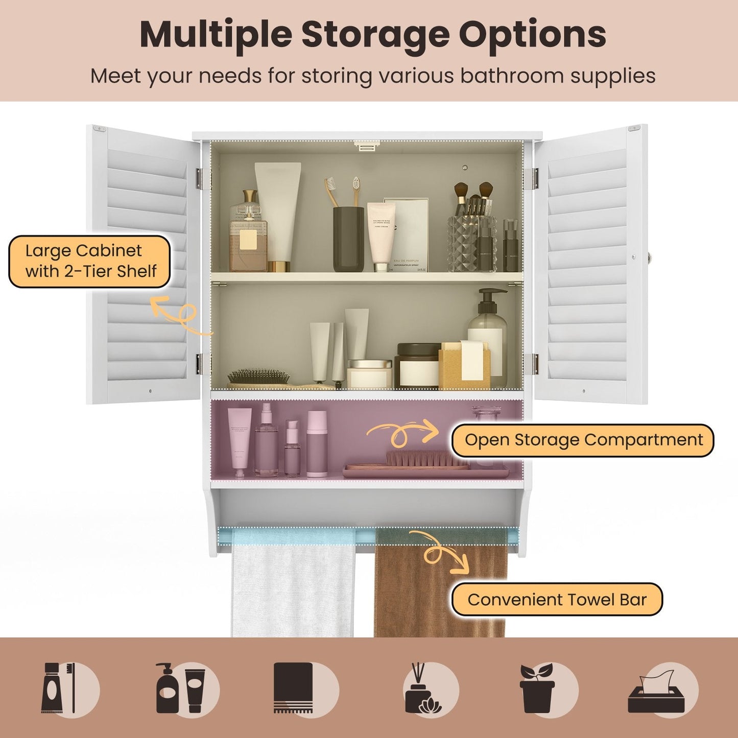 2-Doors Bathroom Wall-Mounted Medicine Cabinet with Towel Bar, White Wall Cabinets   at Gallery Canada