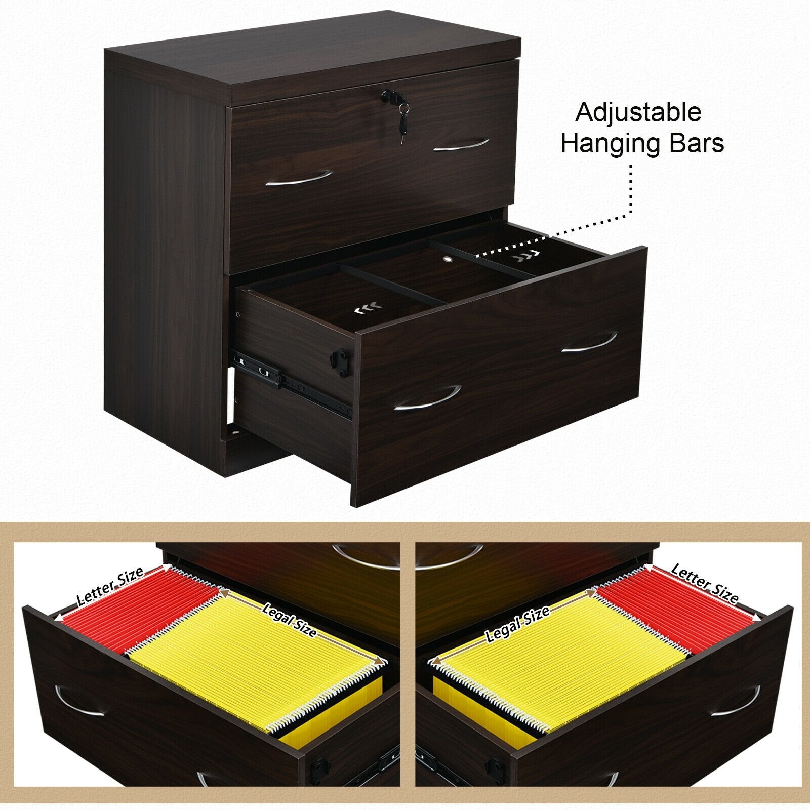 2-Drawer File Cabinet with Lock Hinging Bar Letter and Legal Size, Dark Brown File Cabinets   at Gallery Canada