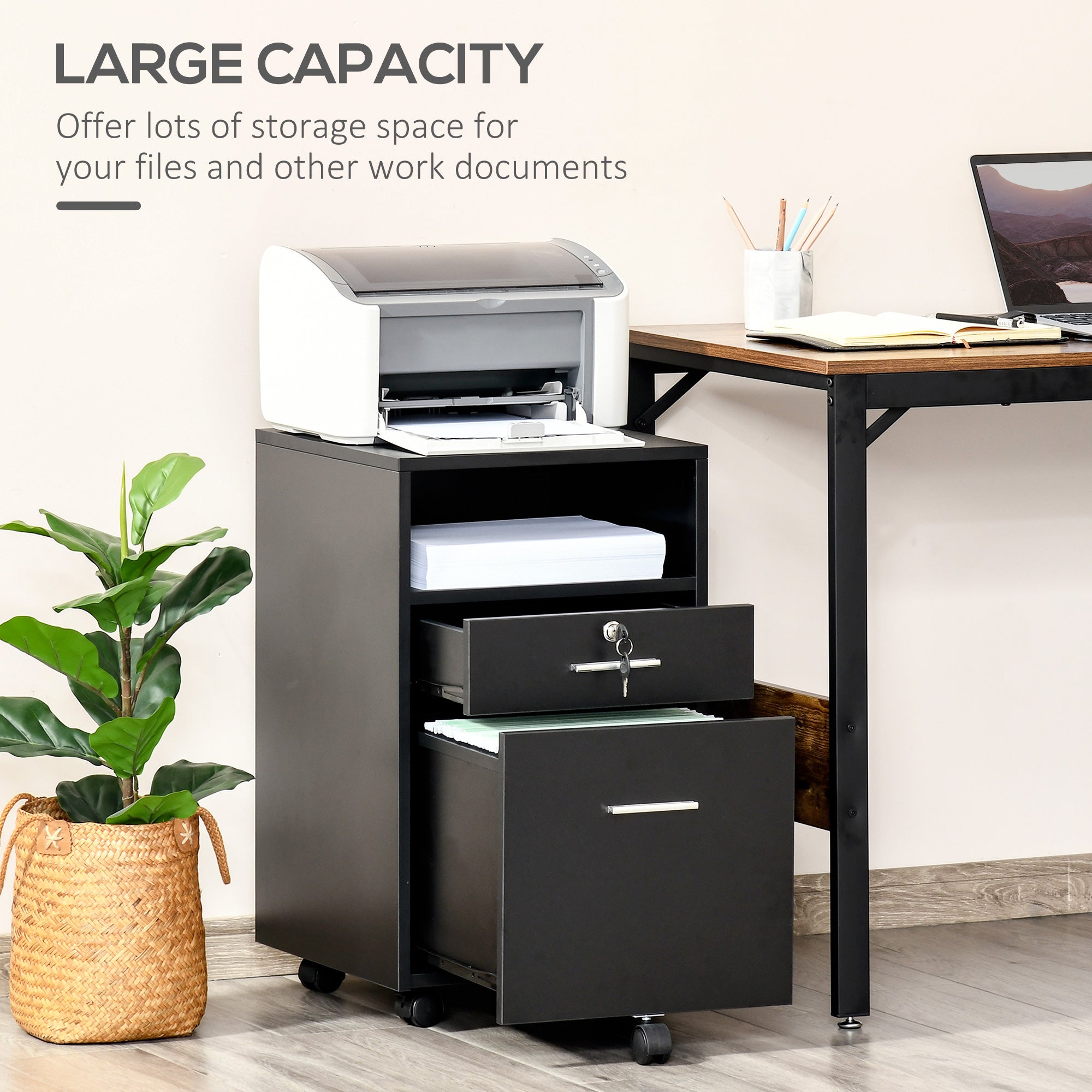 2 Drawer Filing Cabinet with Lock, Vertical File Cabinet with Wheels, Mobile Office Cabinet for A4, Letter Size, Black Office Cabinets & Cupboards   at Gallery Canada