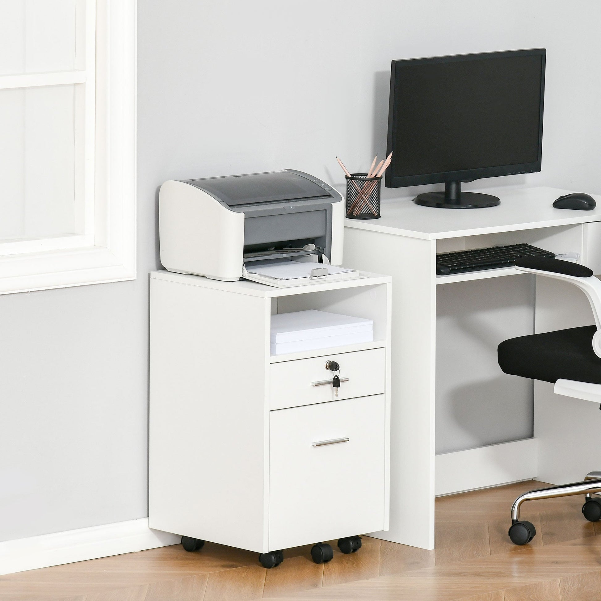 2 Drawer Filing Cabinet with Lock, Vertical File Cabinet with Wheels, Mobile Office Cabinet for A4, Letter Size, White Office Cabinets & Cupboards   at Gallery Canada