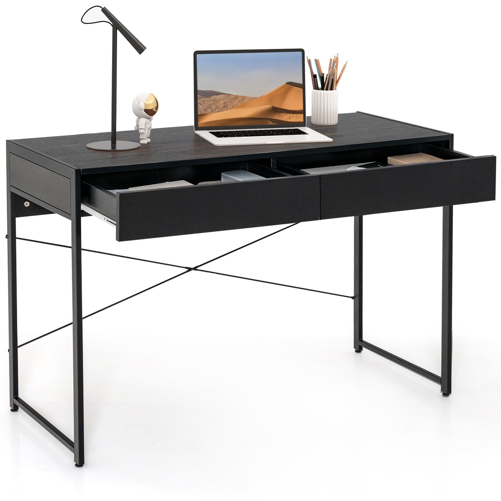 2-Drawer Home Office Desk with Steel Frame, Black Writing Desks   at Gallery Canada