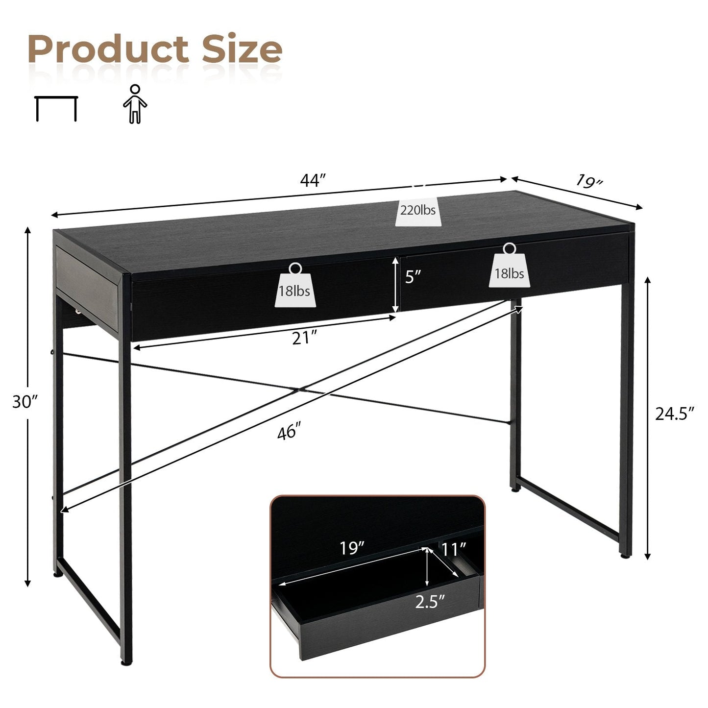 2-Drawer Home Office Desk with Steel Frame, Black Writing Desks   at Gallery Canada