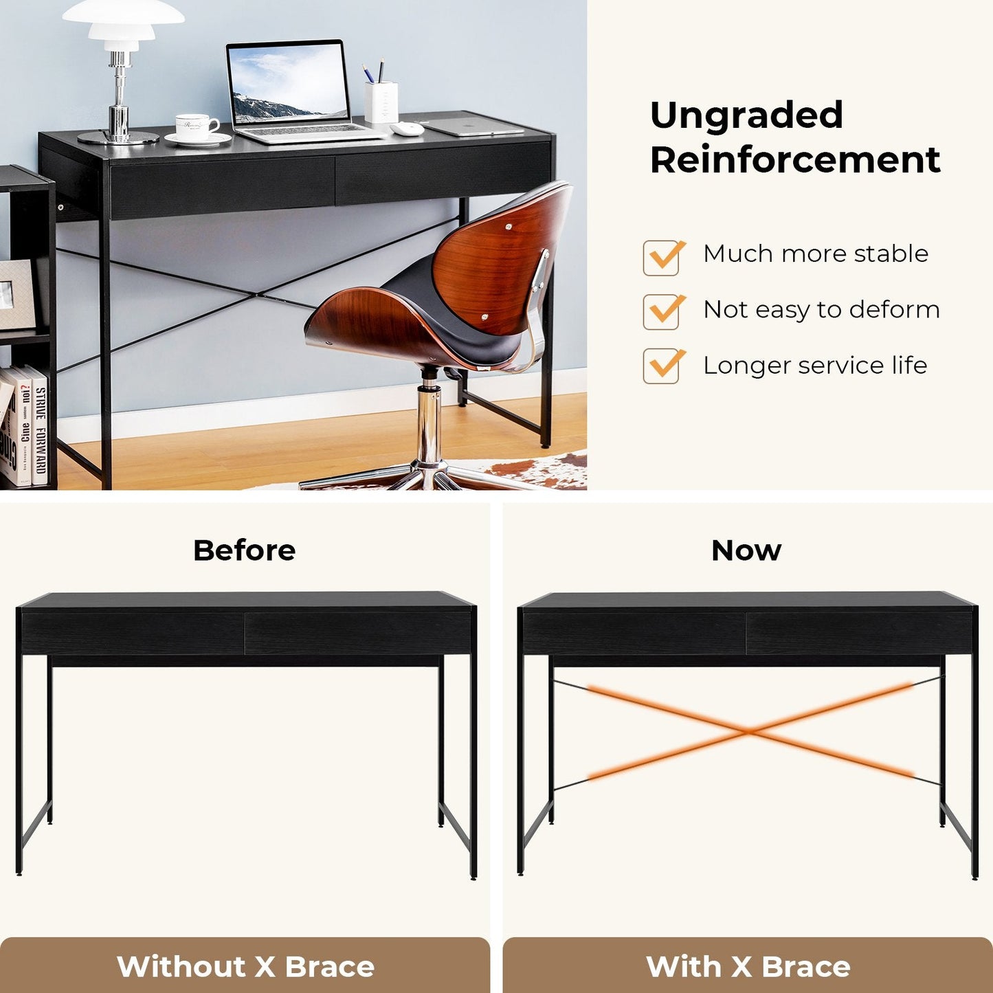 2-Drawer Home Office Desk with Steel Frame, Black Writing Desks   at Gallery Canada