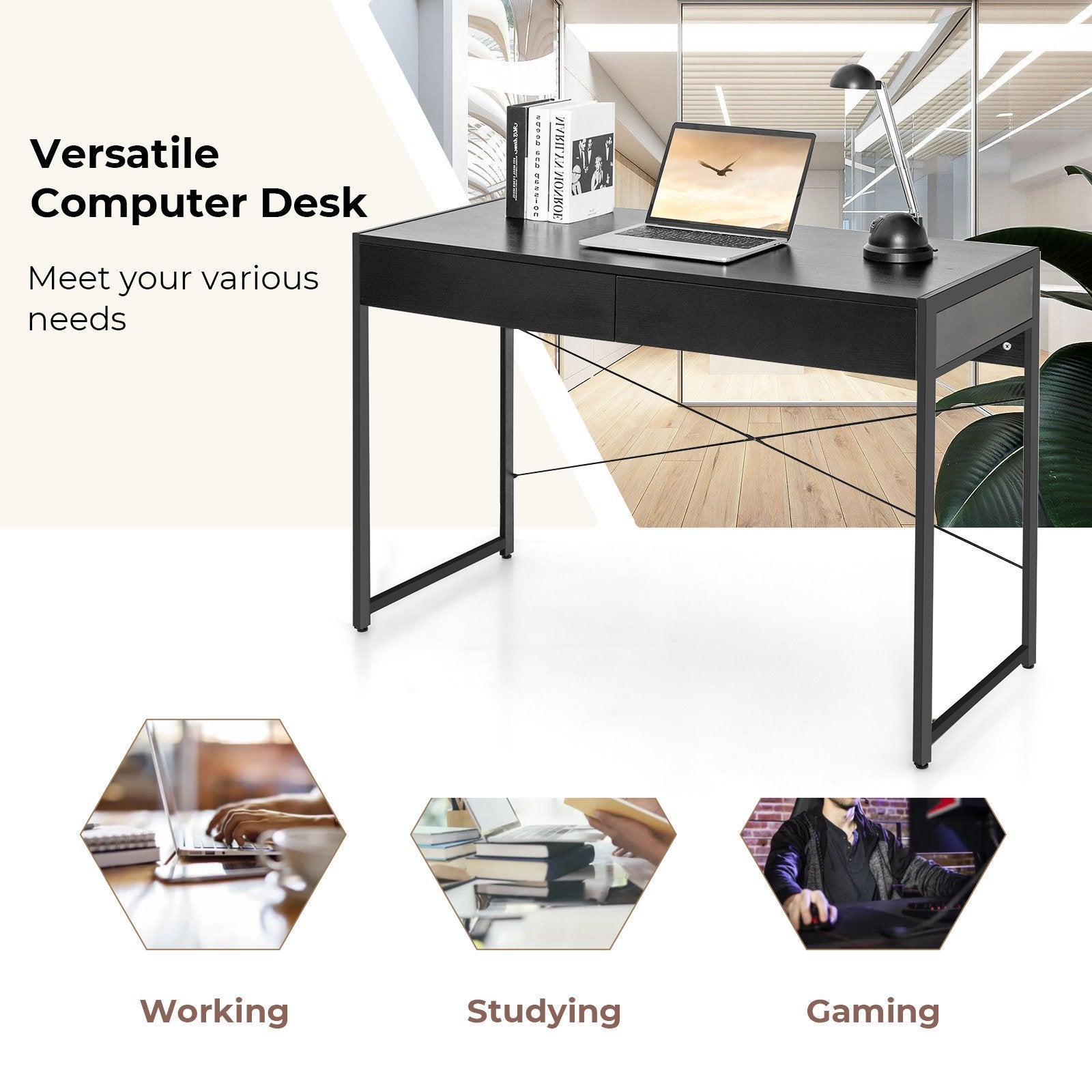 2-Drawer Home Office Desk with Steel Frame, Black Writing Desks   at Gallery Canada