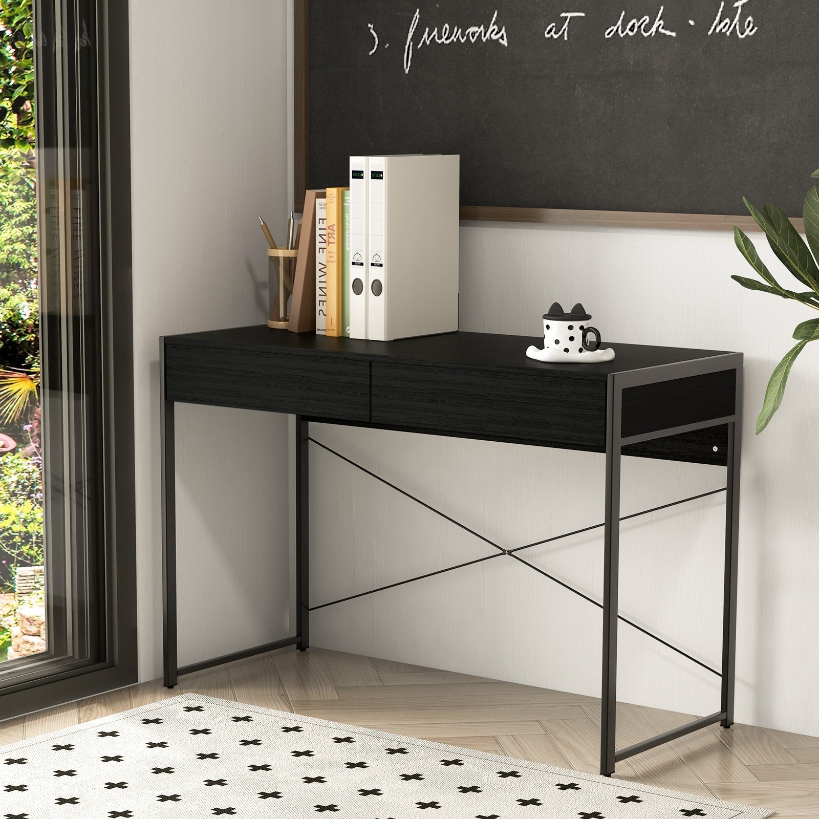 2-Drawer Home Office Desk with Steel Frame, Black Writing Desks   at Gallery Canada