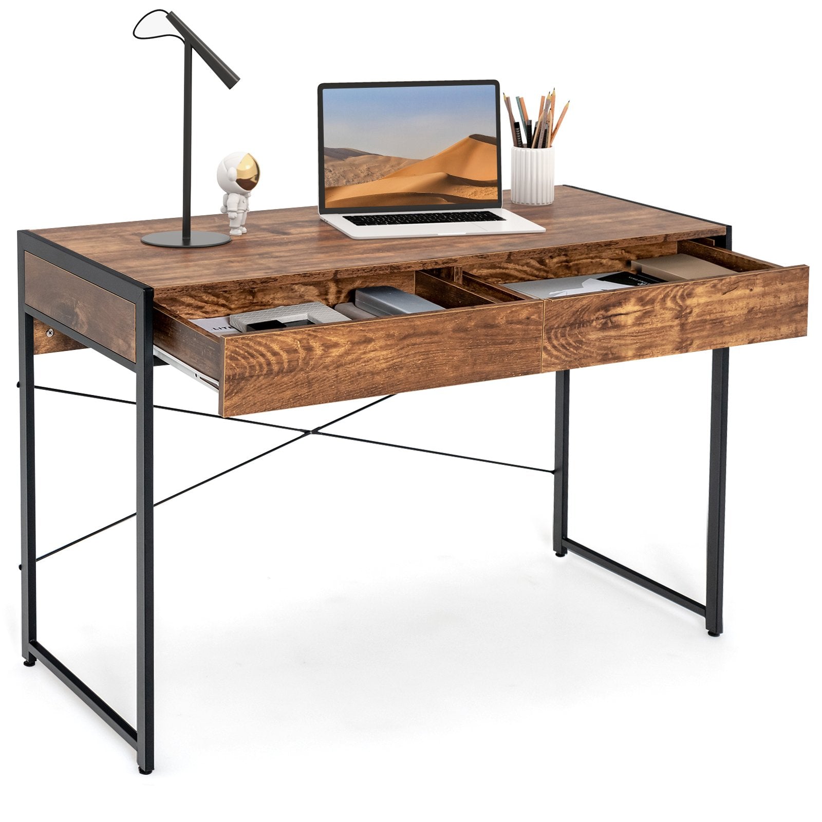 2-Drawer Home Office Desk with Steel Frame, Brown Writing Desks   at Gallery Canada