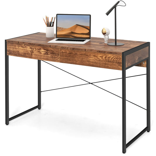 2-Drawer Home Office Desk with Steel Frame, Brown Writing Desks   at Gallery Canada