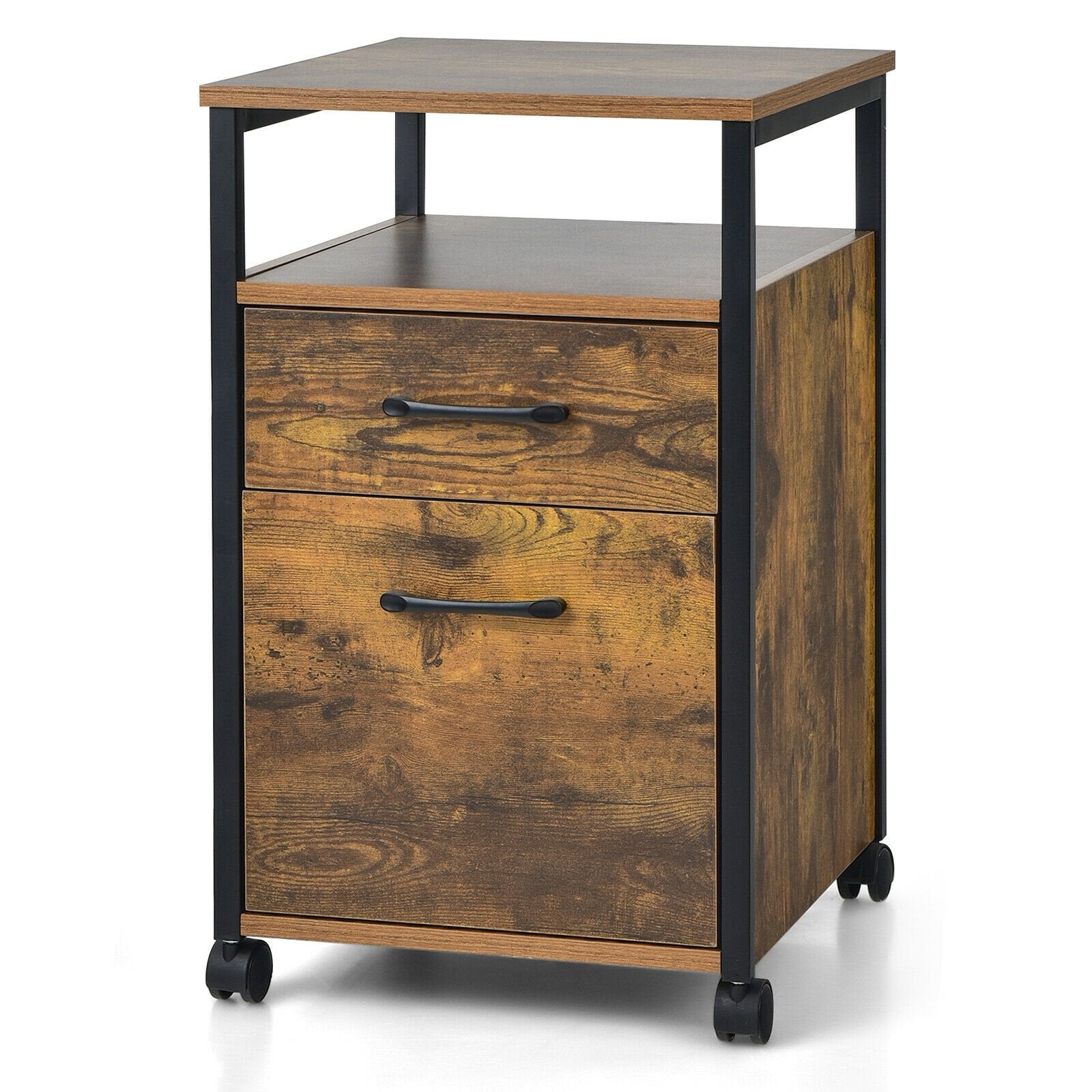 2 Drawer Mobile File Cabinet Printer Stand with Open Shelf for Letter Size, Rustic Brown File Cabinets   at Gallery Canada