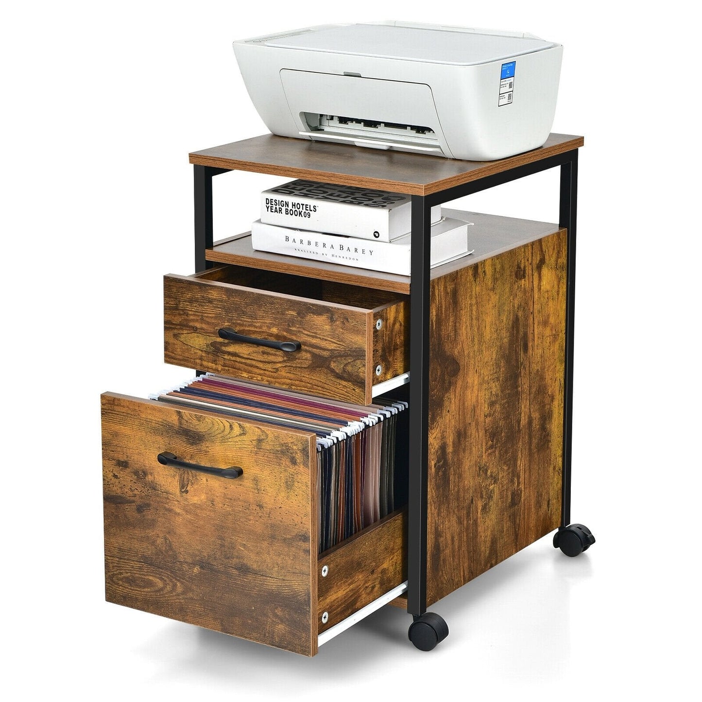 2 Drawer Mobile File Cabinet Printer Stand with Open Shelf for Letter Size, Rustic Brown File Cabinets   at Gallery Canada