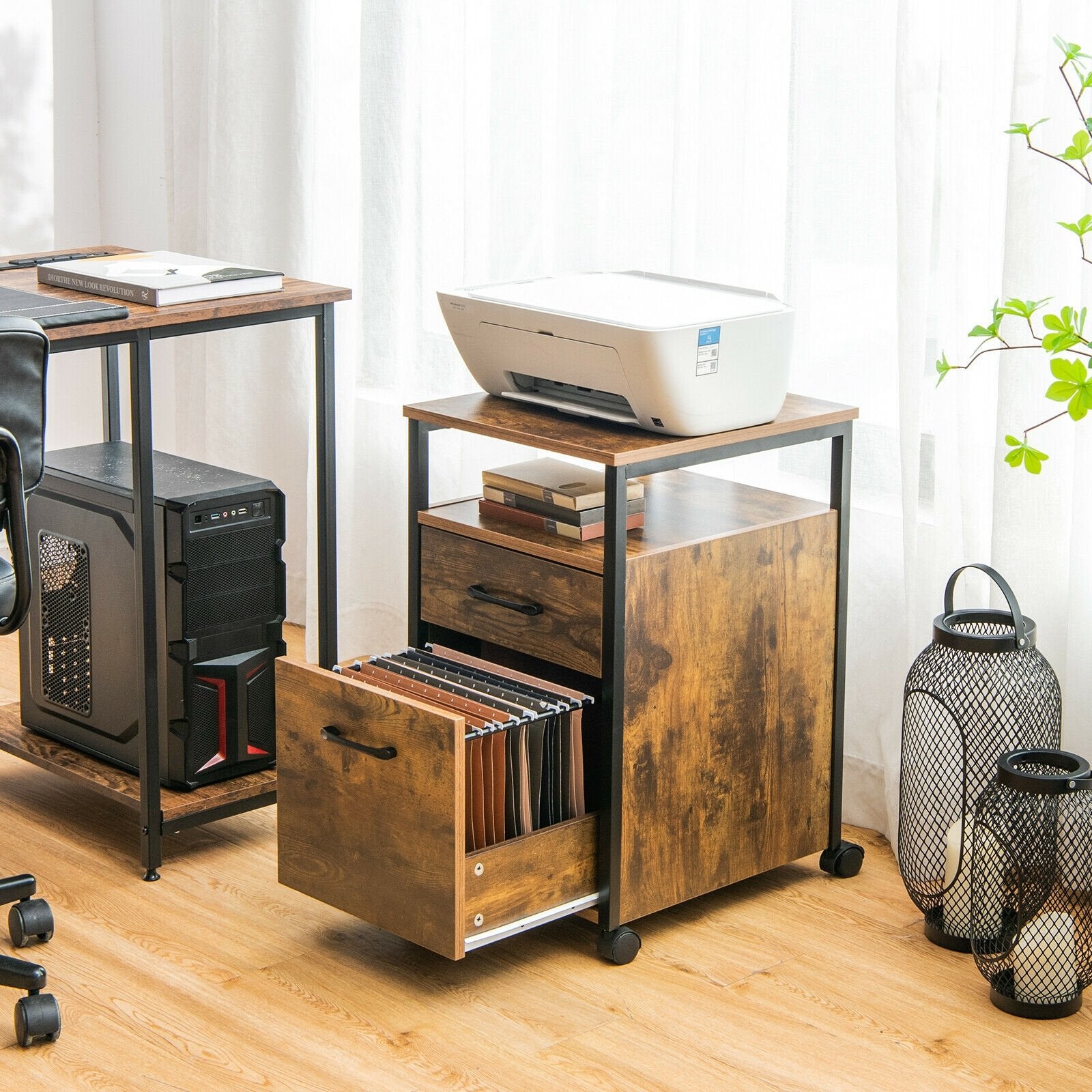 2 Drawer Mobile File Cabinet Printer Stand with Open Shelf for Letter Size, Rustic Brown File Cabinets   at Gallery Canada