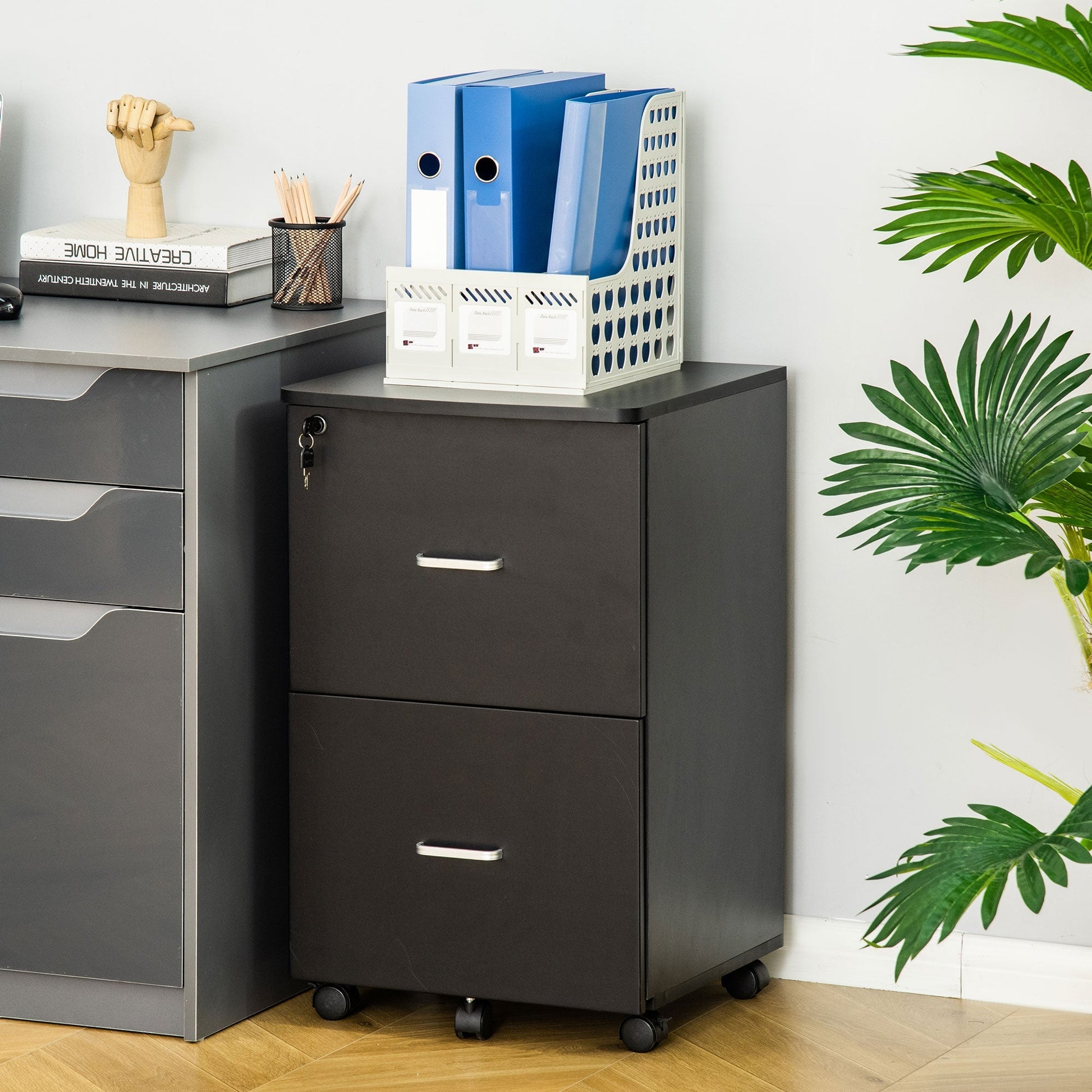 2 Drawer Mobile File Cabinet with Lock, Wood Office Filing Cabinet with Locking Wheels for Letter and A4 Size, Black Office Cabinets & Cupboards   at Gallery Canada