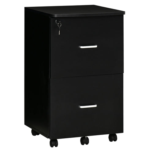 2 Drawer Mobile File Cabinet with Lock, Wood Office Filing Cabinet with Locking Wheels for Letter and A4 Size, Black