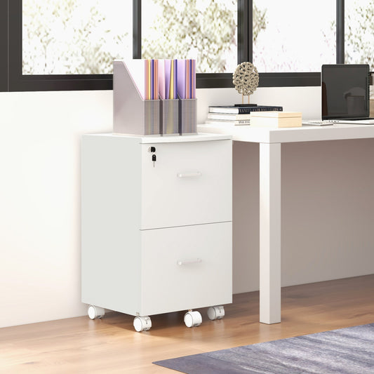 2 Drawer Mobile File Cabinet with Lock, Wood Office Filing Cabinet with Locking Wheels for Letter and A4 Size, White Office Cabinets & Cupboards White  at Gallery Canada