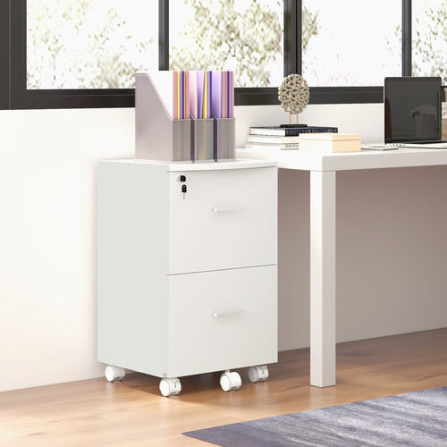 2 Drawer Mobile File Cabinet with Lock, Wood Office Filing Cabinet with Locking Wheels for Letter and A4 Size, White