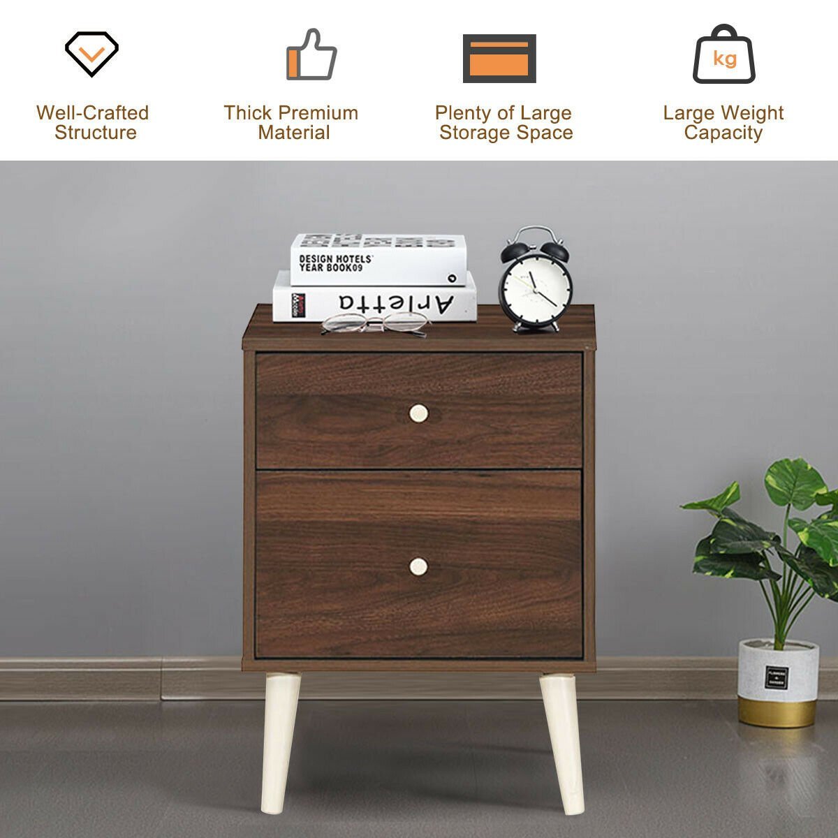 2-Drawer Nightstand Beside End Side Table with Rubber Legs, Brown Nightstands   at Gallery Canada