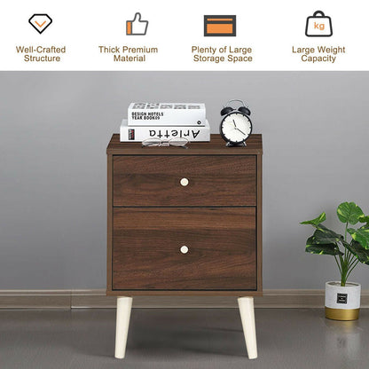 2-Drawer Nightstand Beside End Side Table with Rubber Legs, Brown Nightstands   at Gallery Canada