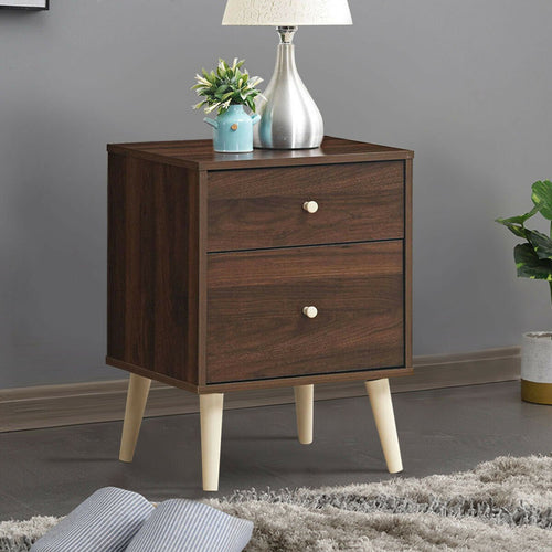 2-Drawer Nightstand Beside End Side Table with Rubber Legs, Brown