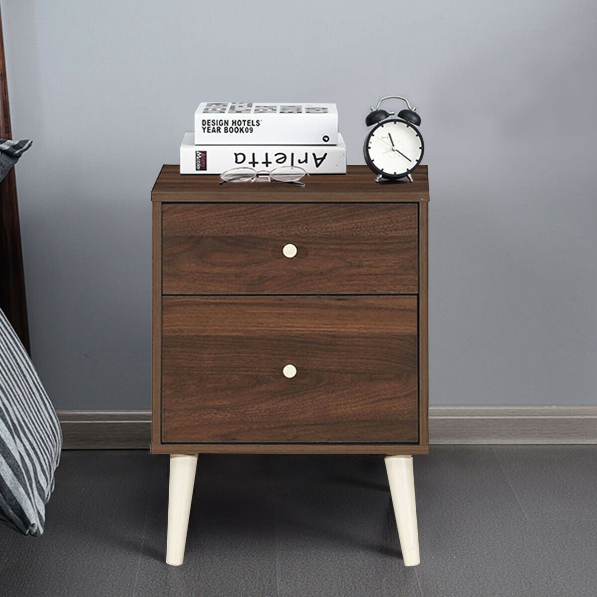 2-Drawer Nightstand Beside End Side Table with Rubber Legs, Brown Nightstands   at Gallery Canada