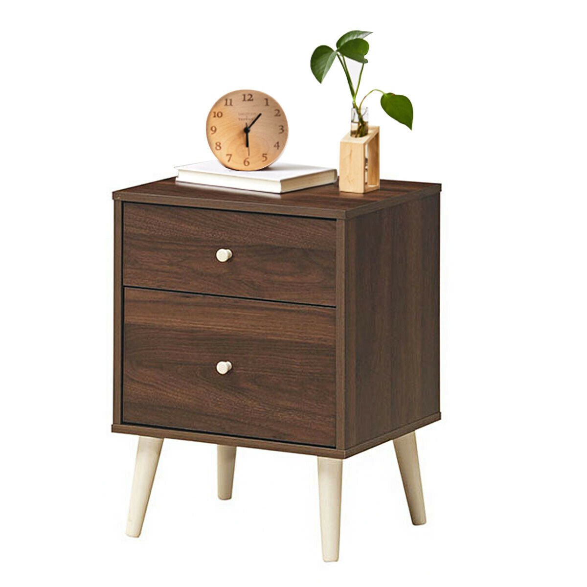 2-Drawer Nightstand Beside End Side Table with Rubber Legs, Brown Nightstands   at Gallery Canada